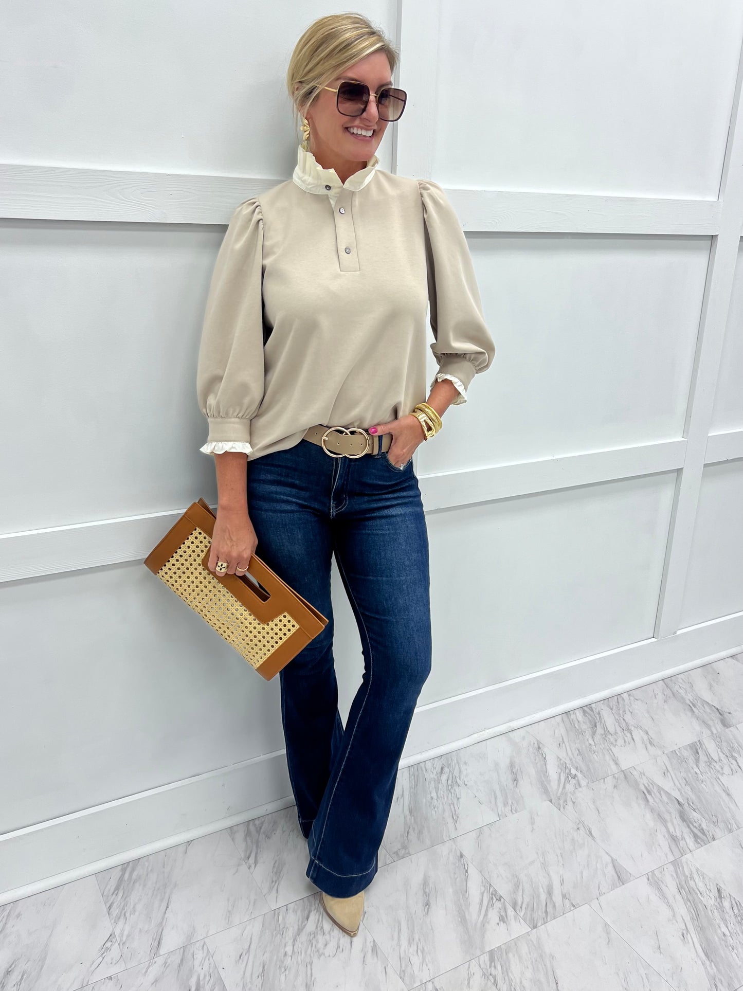 Savannah Stand Up Collar Top (Taupe)