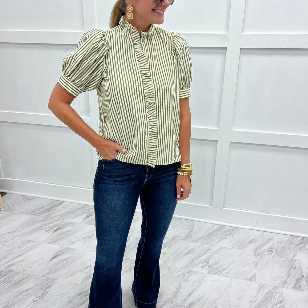 Shoshanna Stripe + Ruffle Top (Olive)