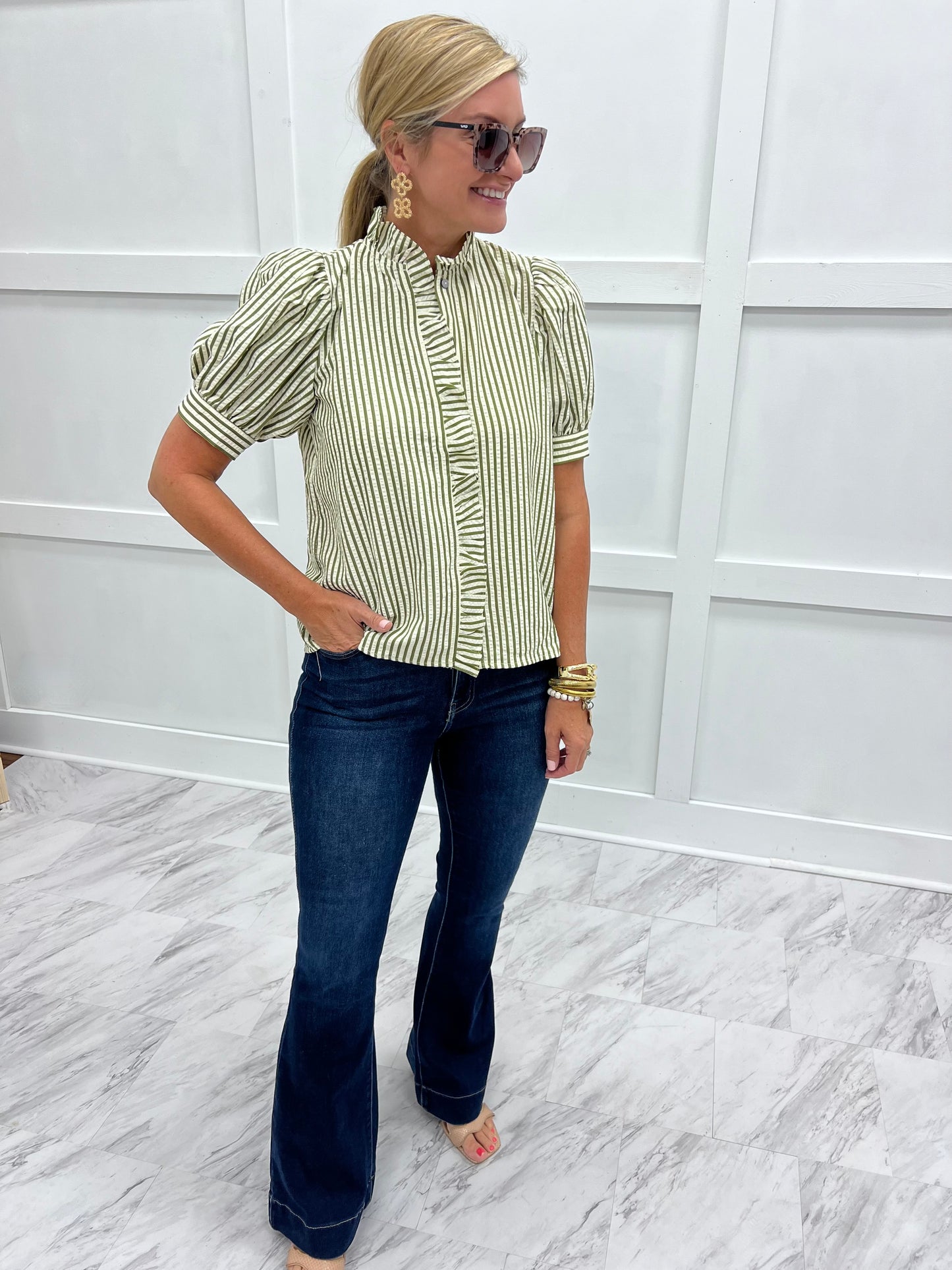 Shoshanna Stripe + Ruffle Top (Olive)