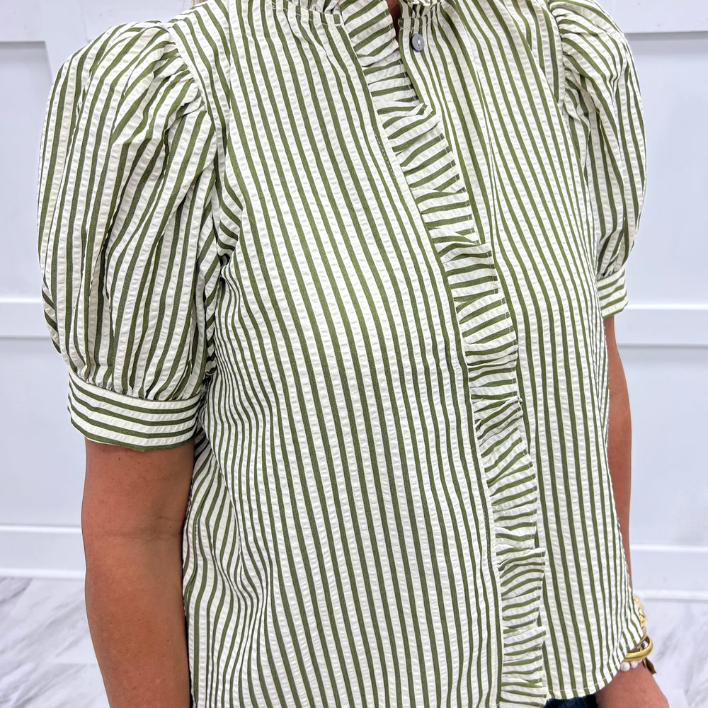 Shoshanna Stripe + Ruffle Top (Olive)