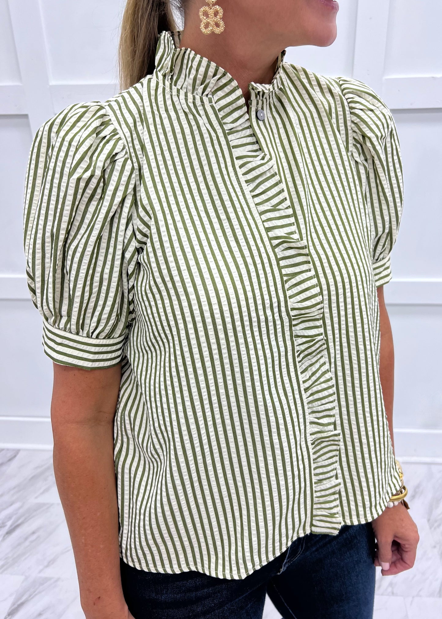 Shoshanna Stripe + Ruffle Top (Olive)