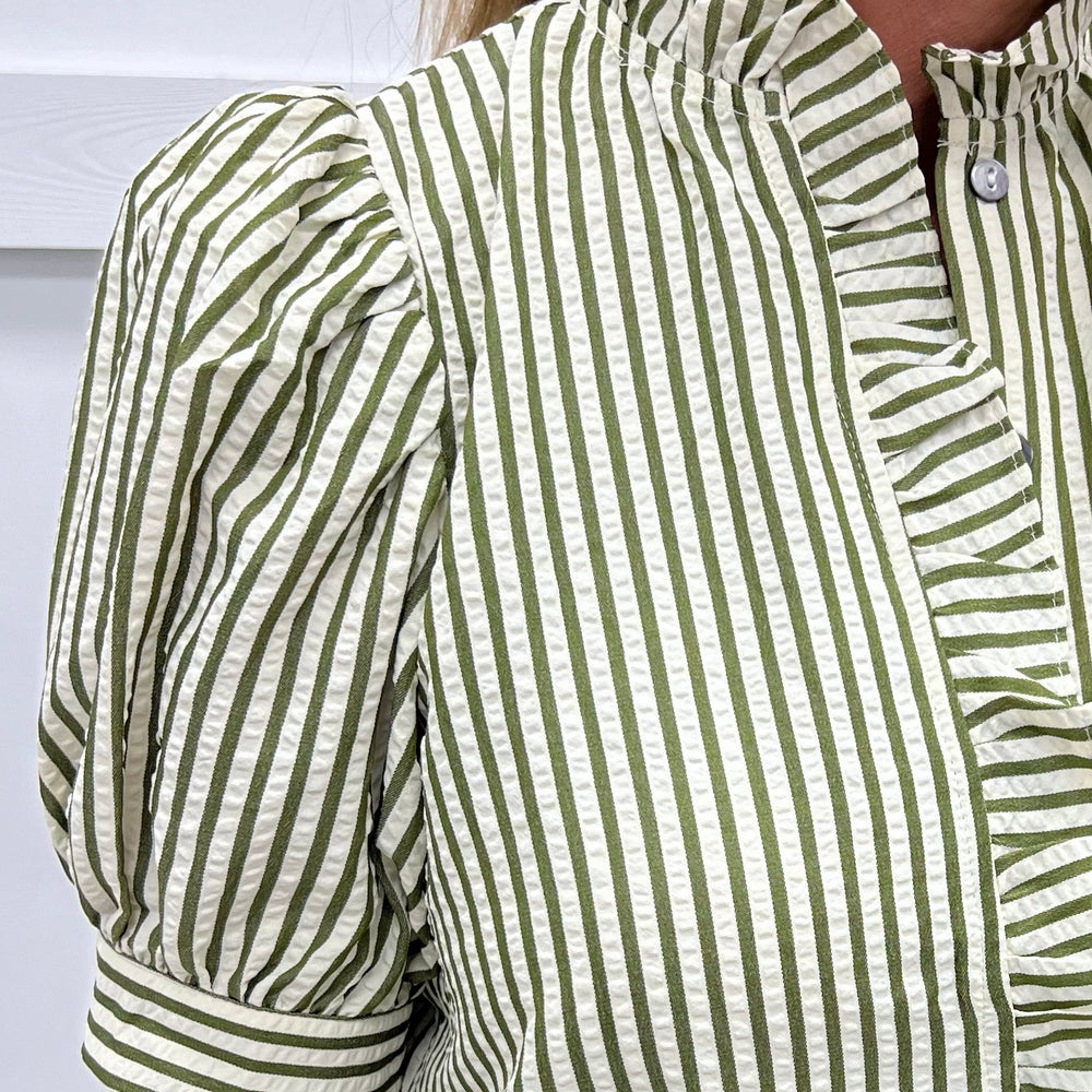 
                  
                    Shoshanna Stripe + Ruffle Top (Olive)
                  
                