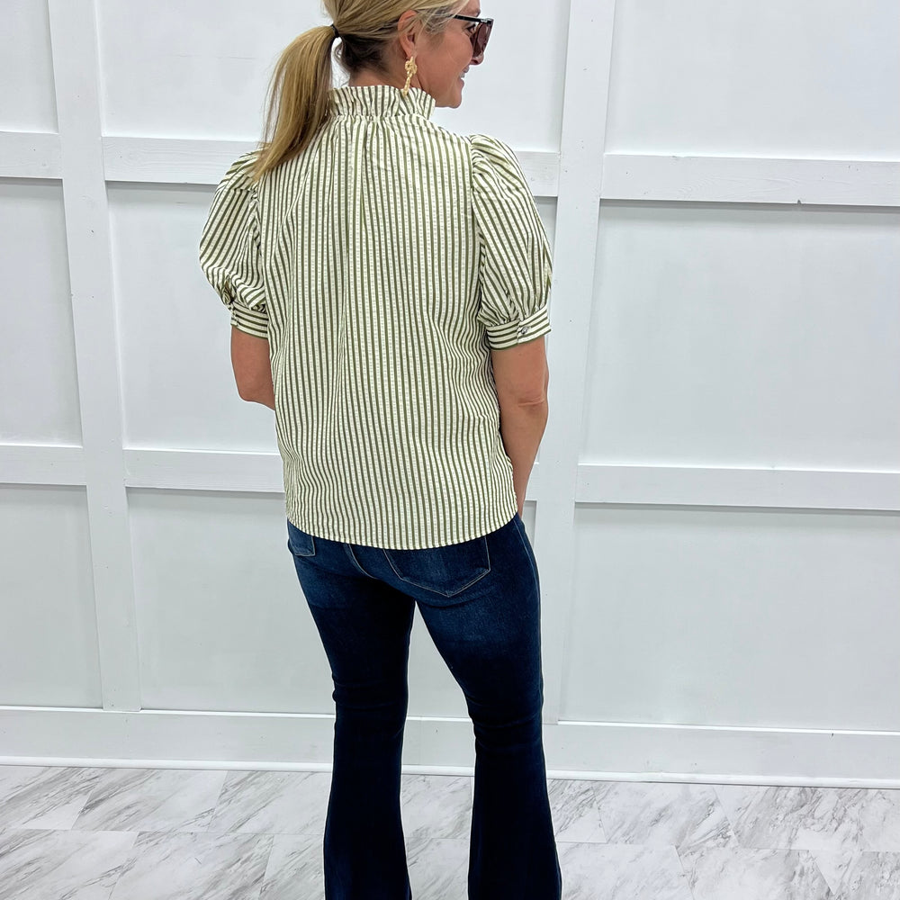 
                  
                    Shoshanna Stripe + Ruffle Top (Olive)
                  
                