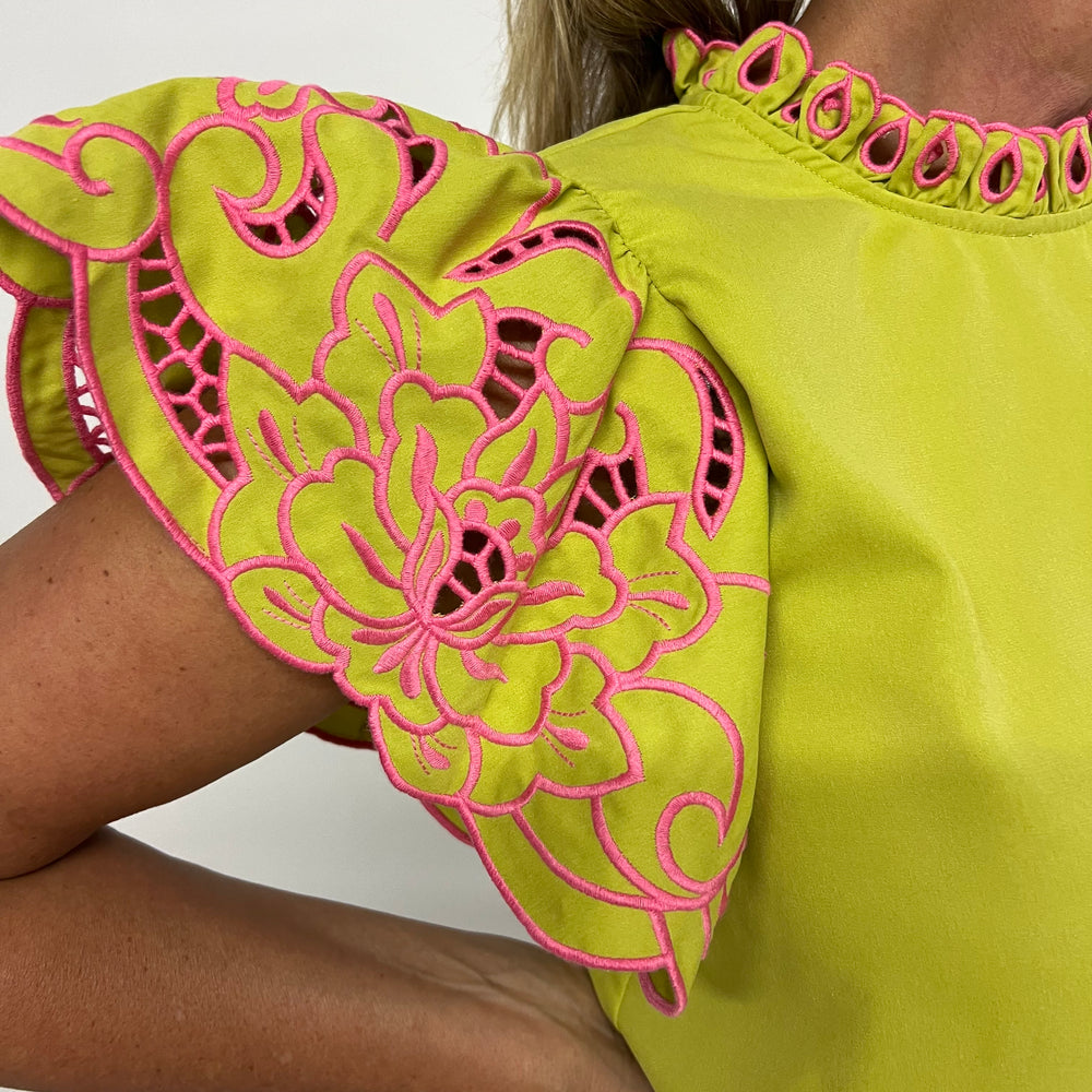 Colette Floral Embroidered Sleeve Top (Lime)