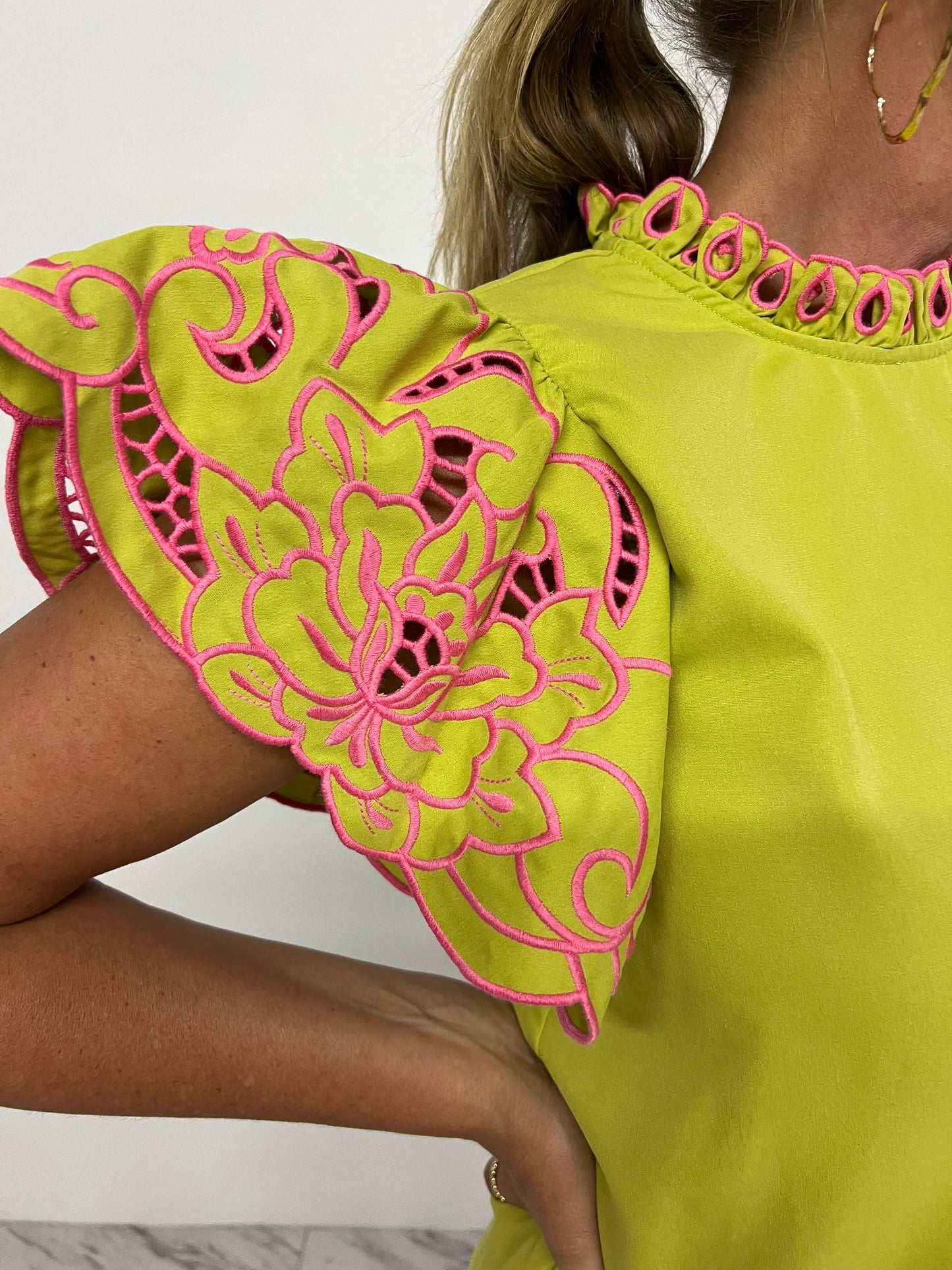 Colette Floral Embroidered Sleeve Top (Lime)