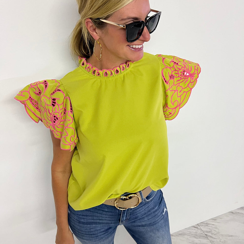 
                  
                    Colette Floral Embroidered Sleeve Top (Lime)
                  
                