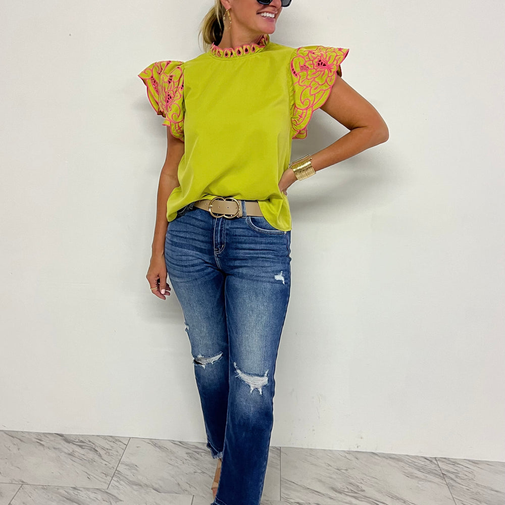 Colette Floral Embroidered Sleeve Top (Lime)