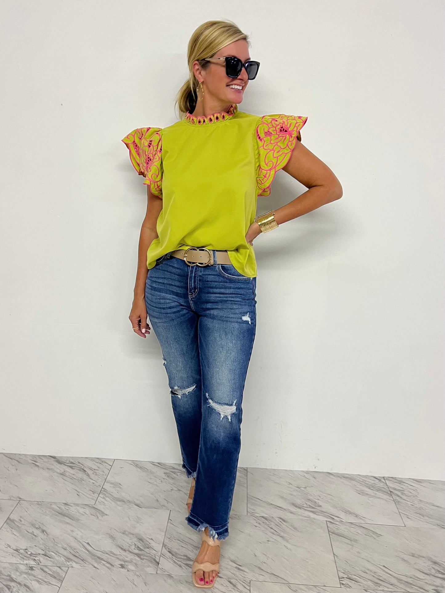 Colette Floral Embroidered Sleeve Top (Lime)