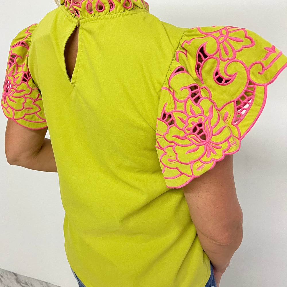 
                  
                    Colette Floral Embroidered Sleeve Top (Lime)
                  
                