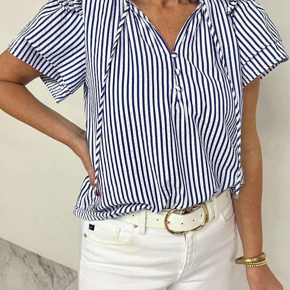 
                  
                    Blue Skies Stripe + Ruffle Top
                  
                