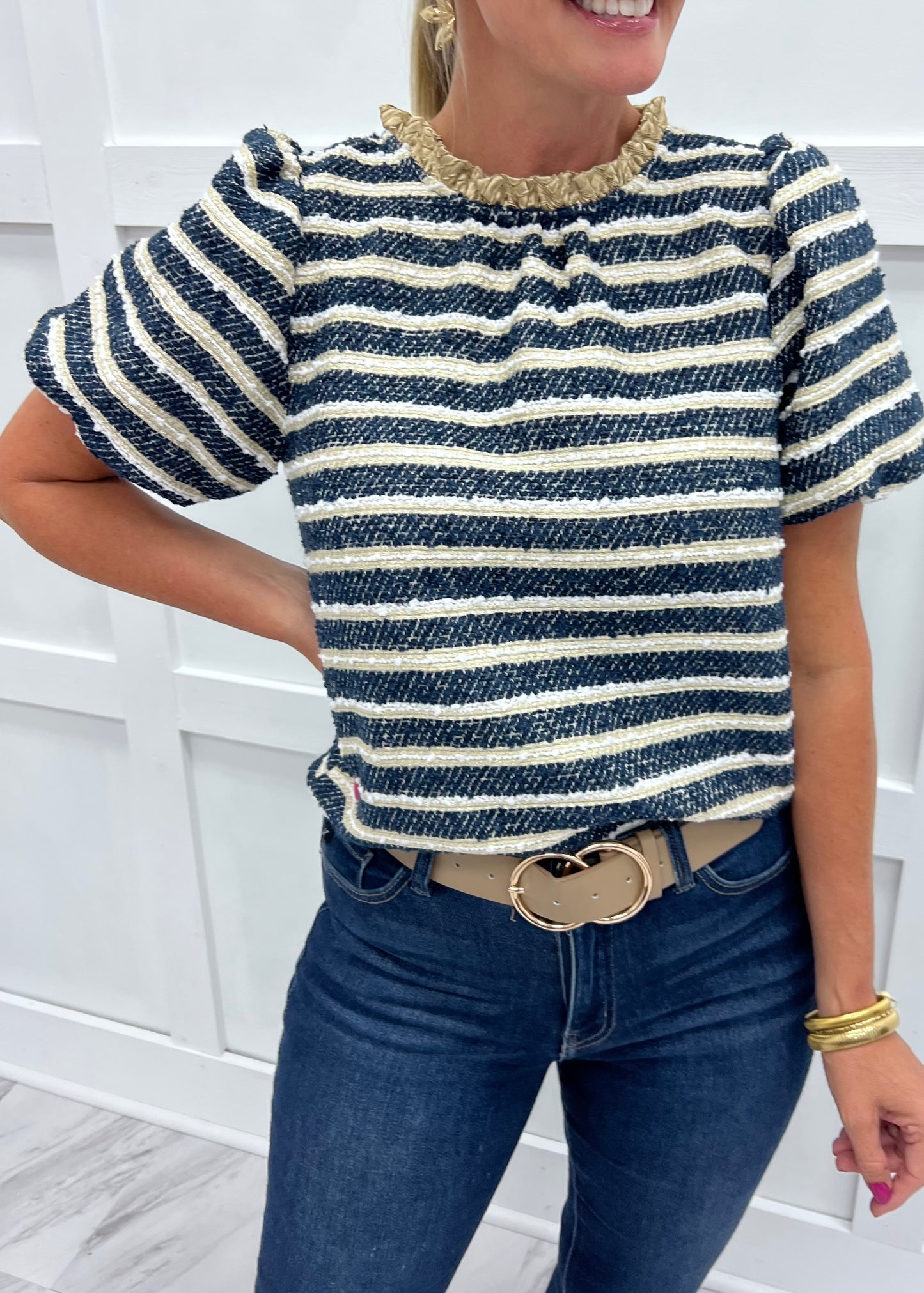 Marlie Metallic Stripe + Textured Top
