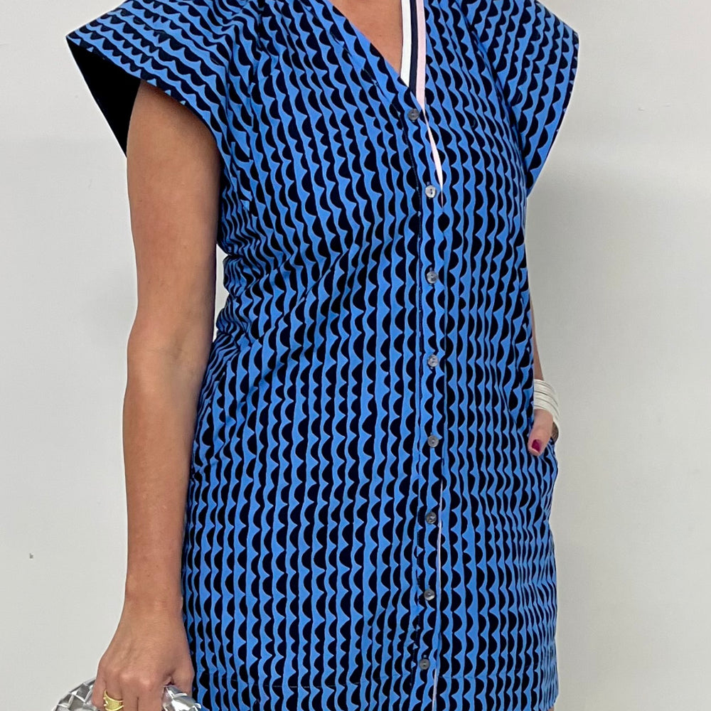 Pacific Blue Print + Button Dress