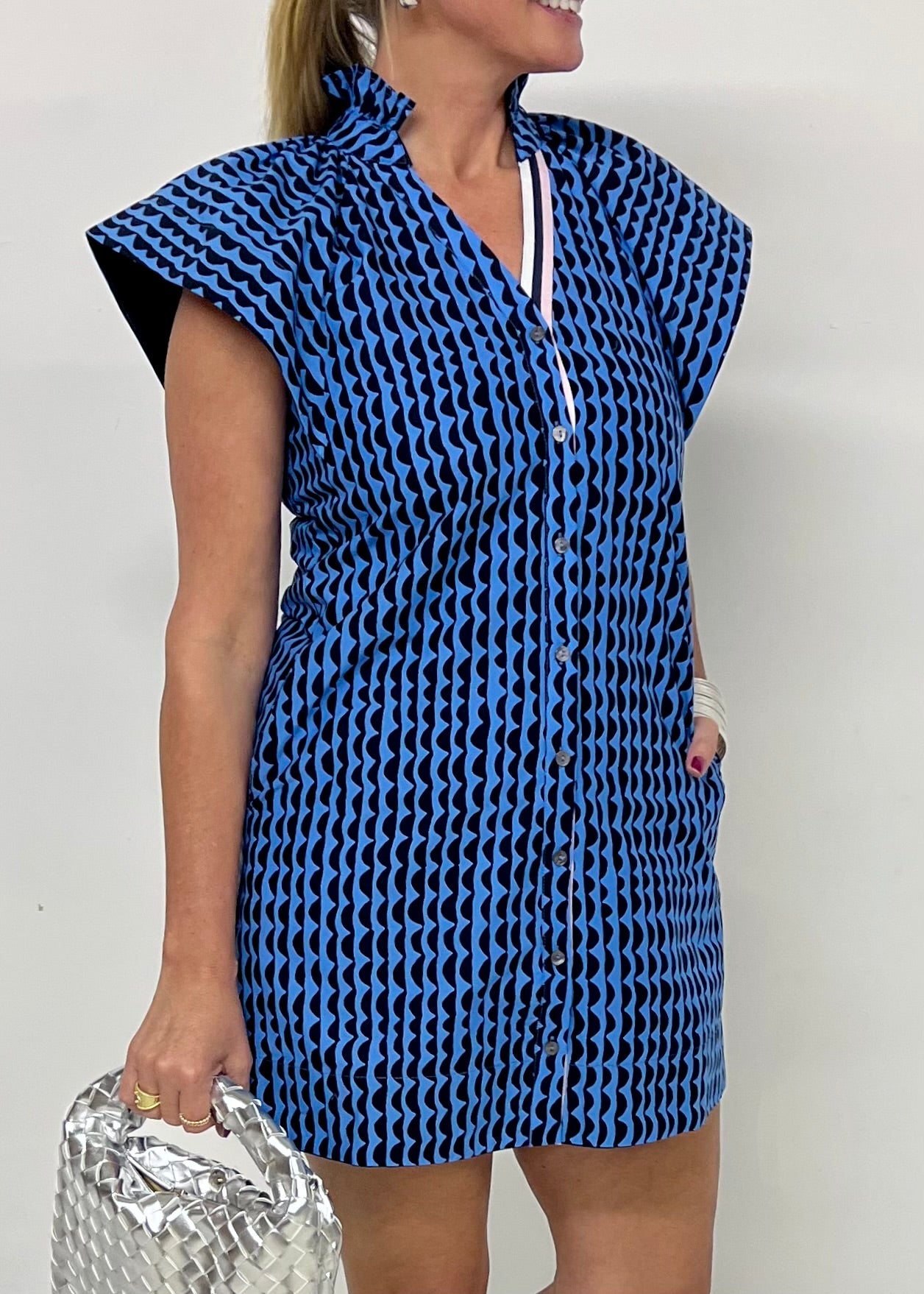 Pacific Blue Print + Button Dress