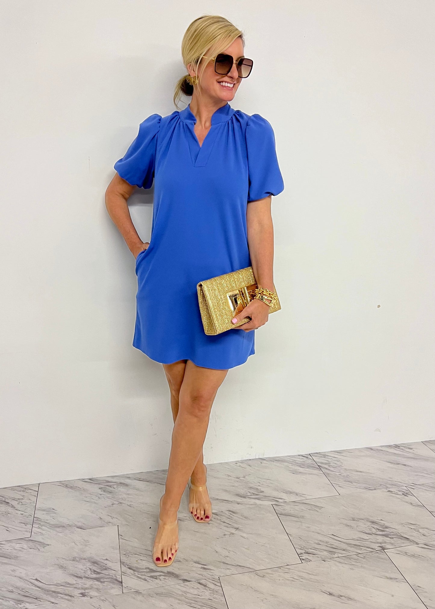 Neena Puff Sleeve Dress (Blue)