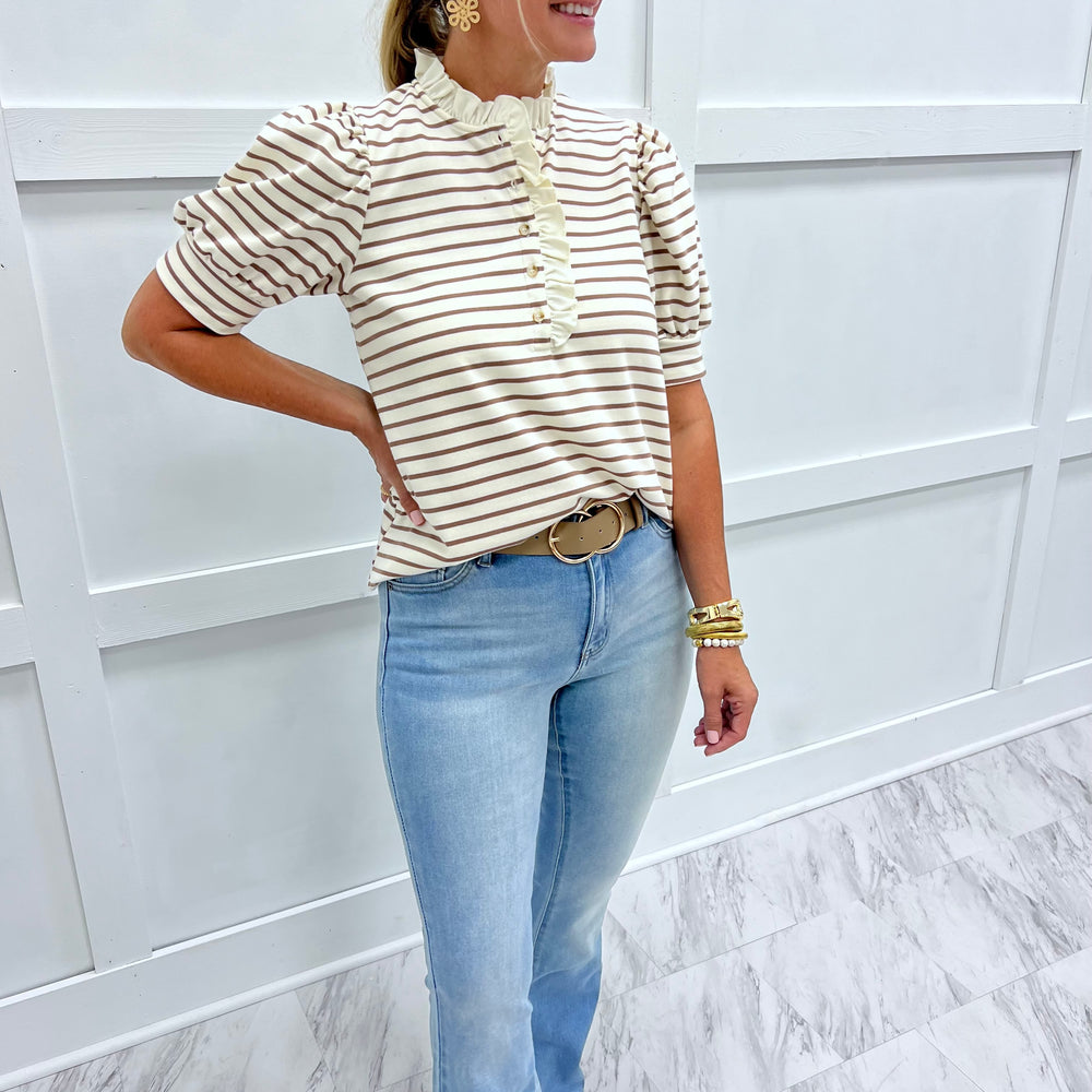 Sophie Stripe + Ruffle Top (Mocha)