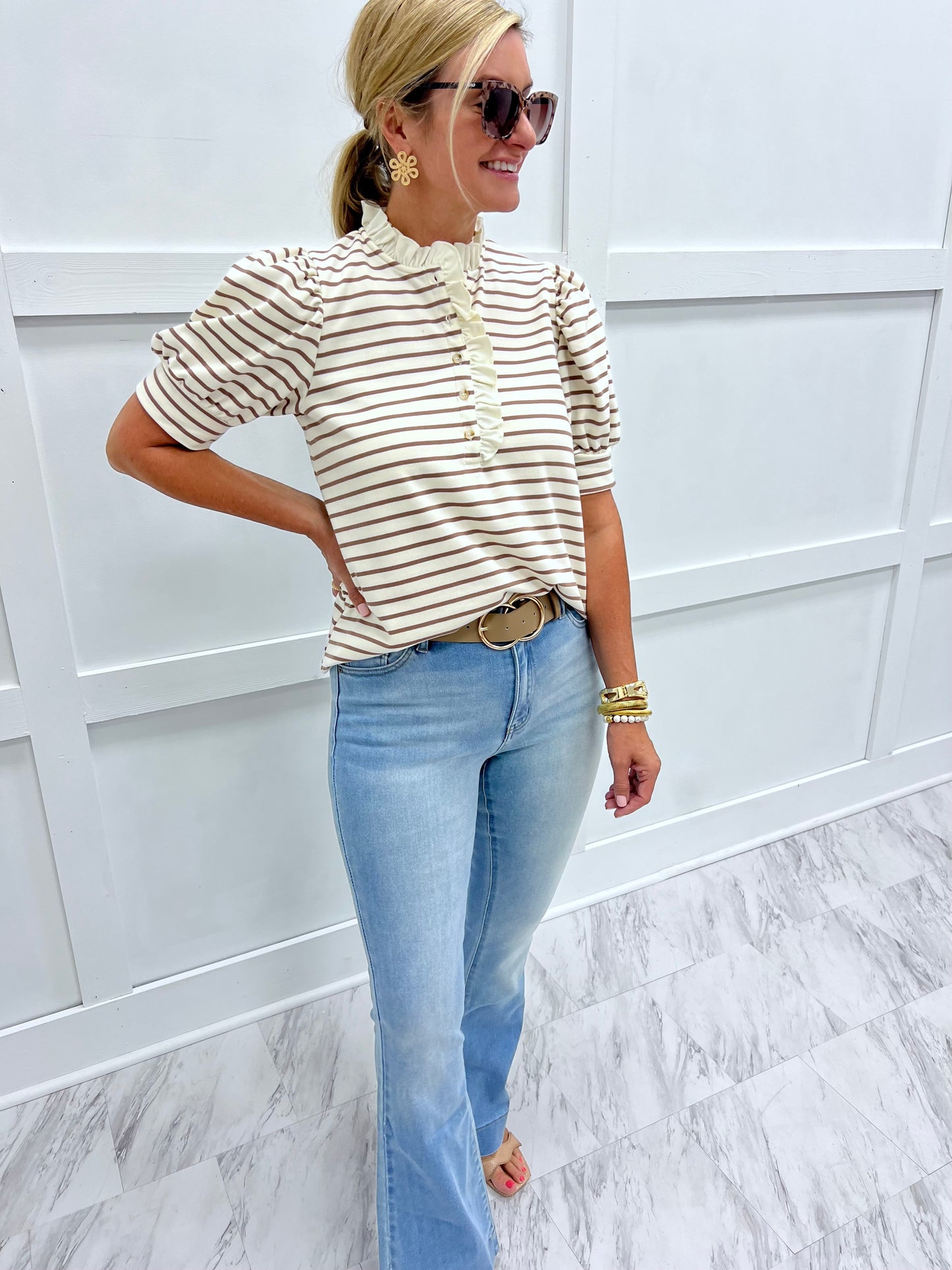 Sophie Stripe + Ruffle Top (Mocha)