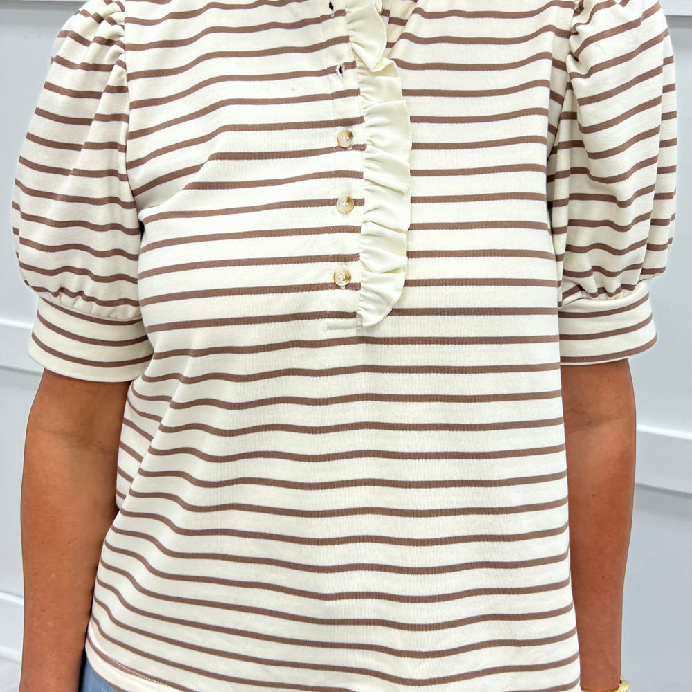 
                  
                    Sophie Stripe + Ruffle Top (Mocha)
                  
                