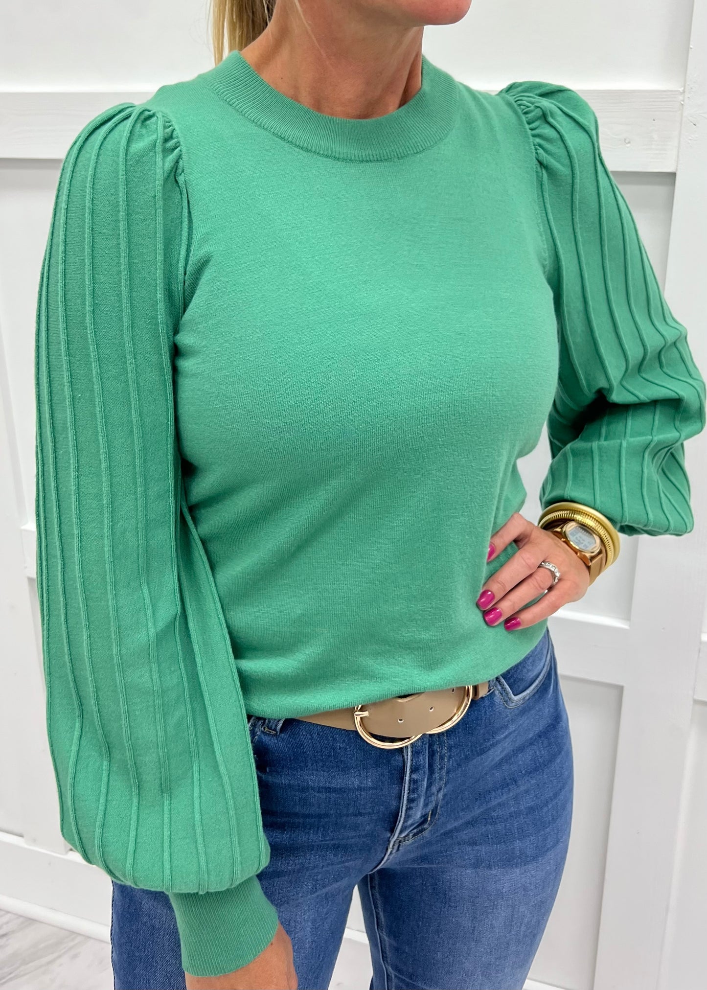 Verona Pleat Sleeve Sweater (Green)