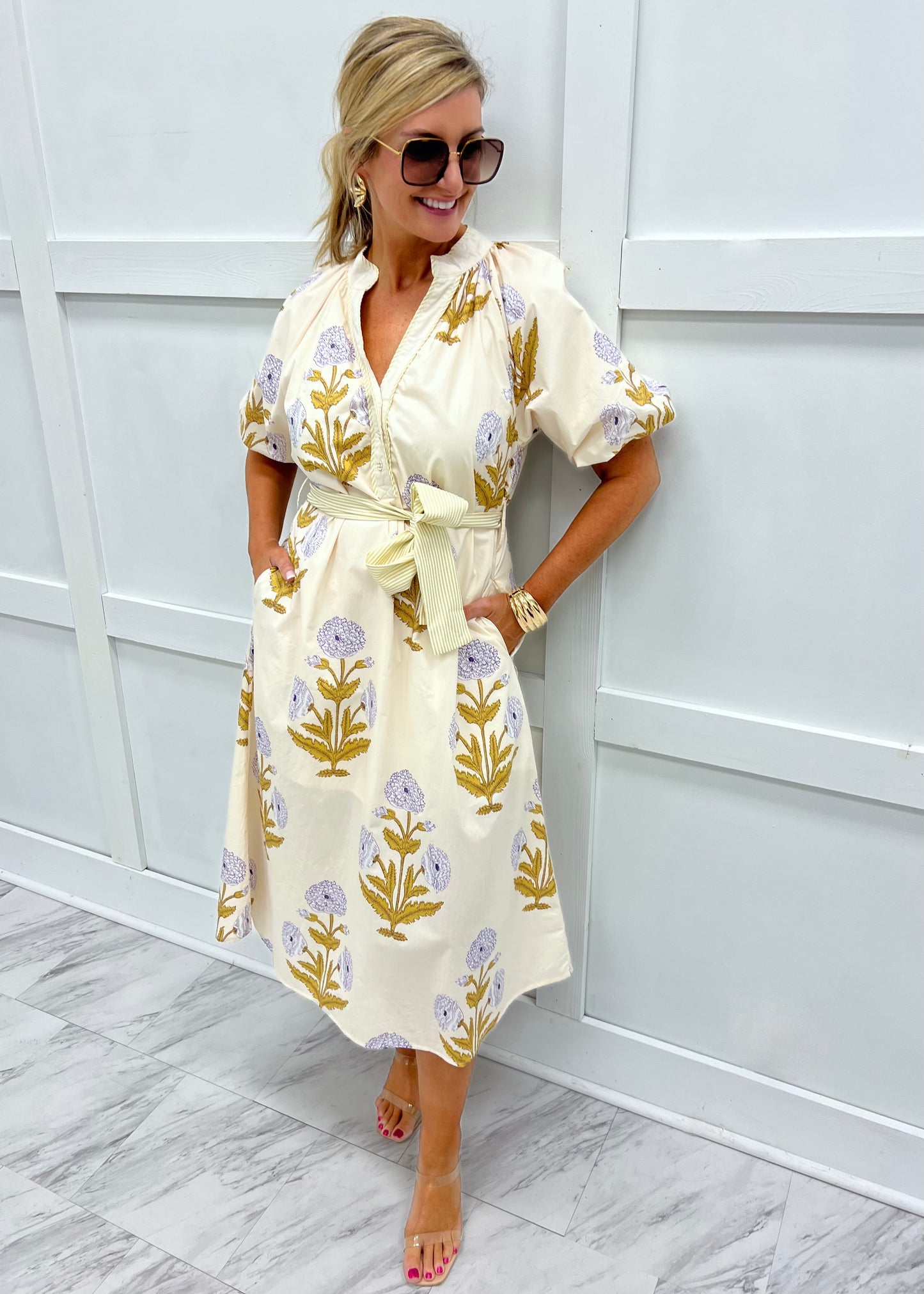 Camilla Flower Puff Sleeve Midi Dress