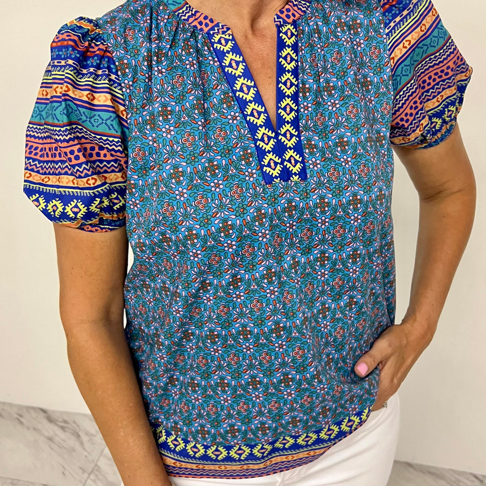 Belize Print Split Neck Top - FINAL SALE