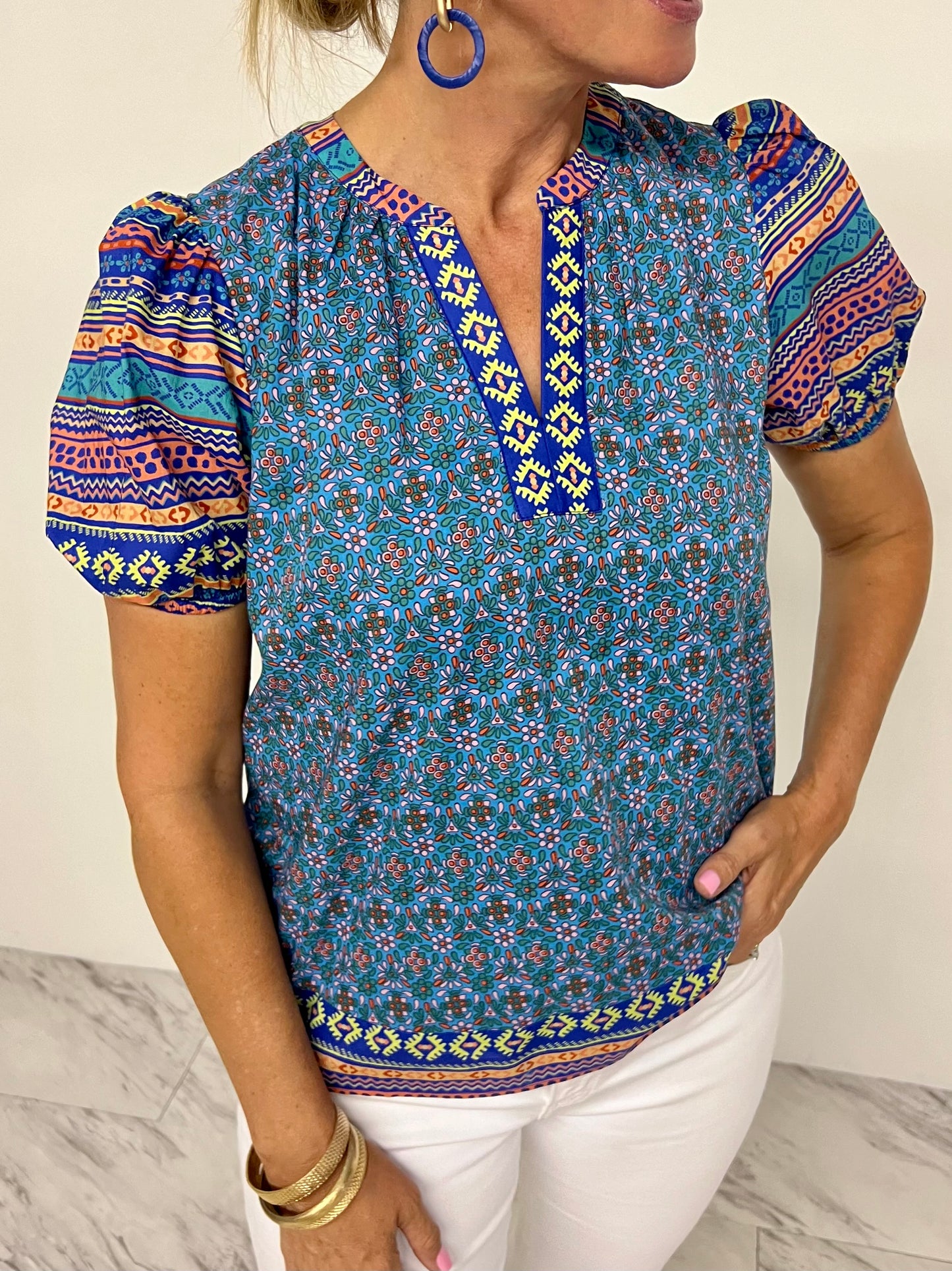 Belize Print Split Neck Top - FINAL SALE