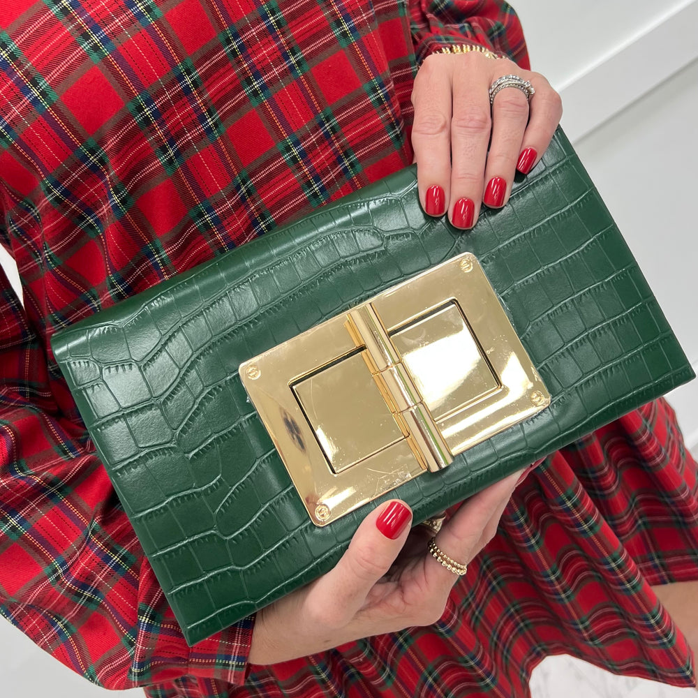 London Lock Green Croc Clutch