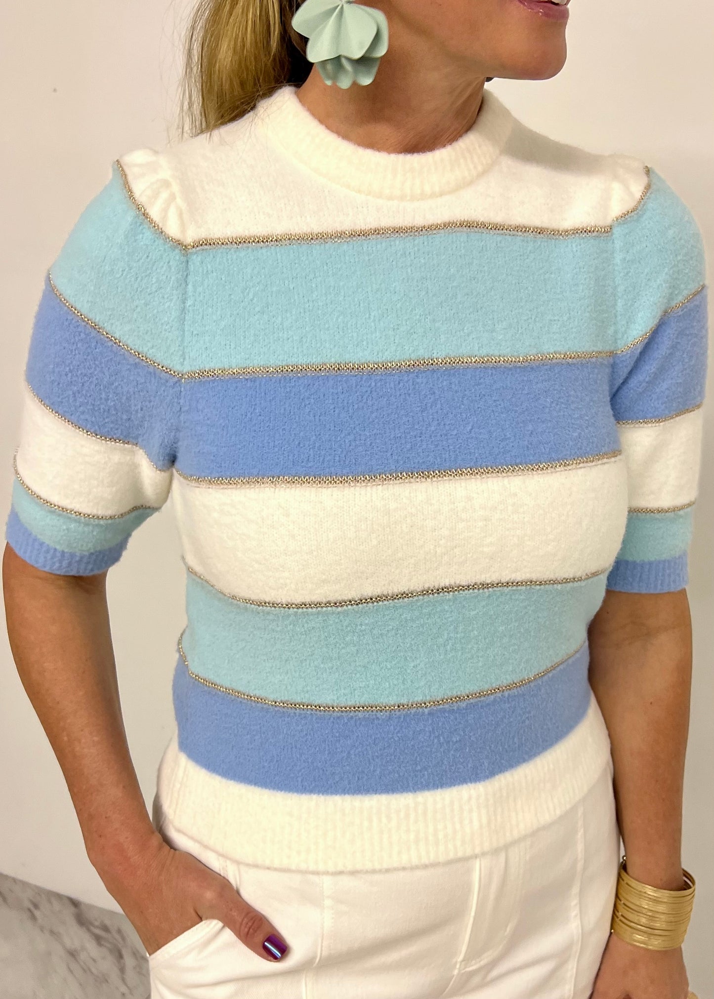 Atlantic Blue Stripe Short Sleeve Sweater