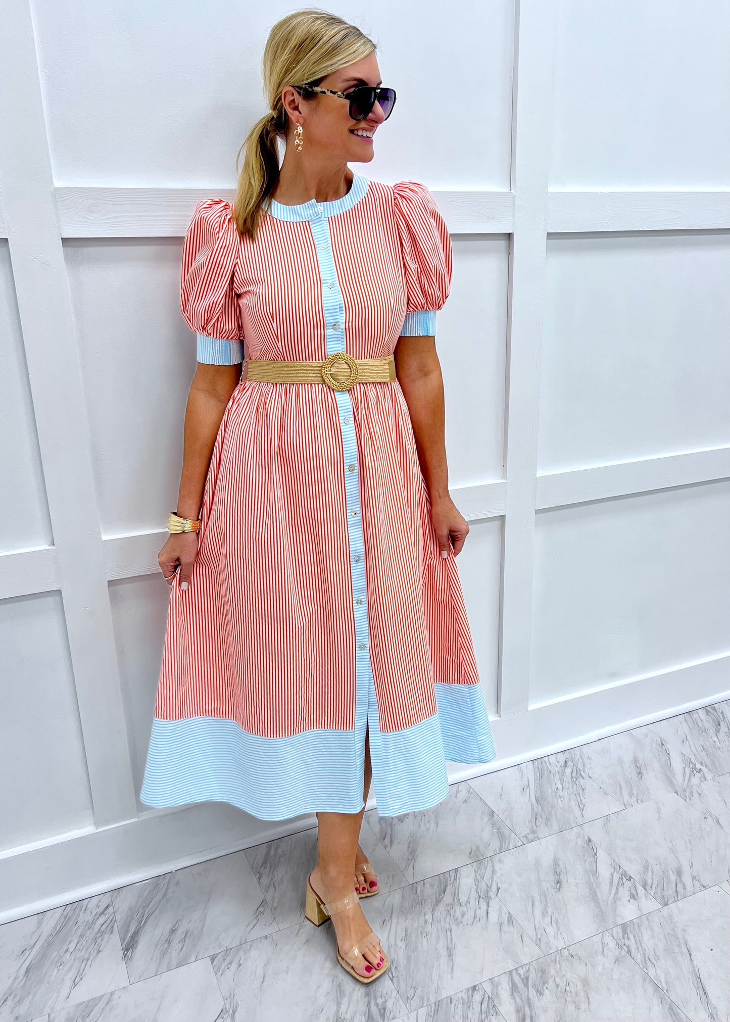 orange and pink stripe dress Bivens Pink + Orange Stripe Mini Dress THML