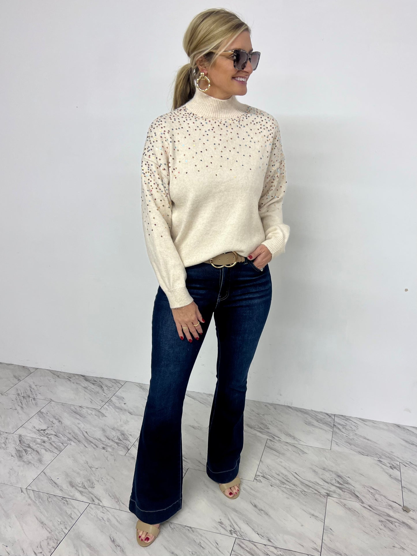 Splendor Sequin Mock Neck Sweater