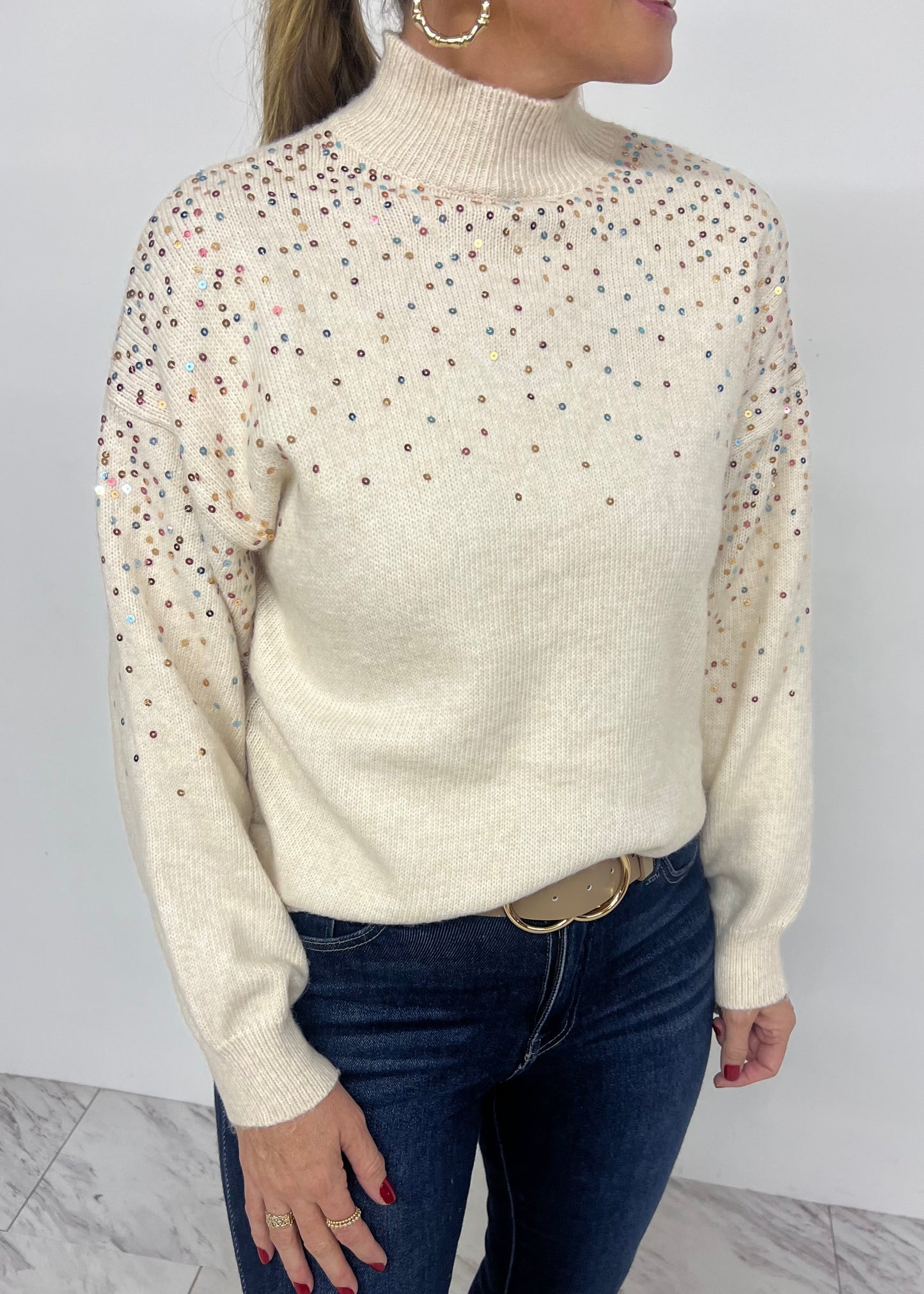 Splendor Sequin Mock Neck Sweater