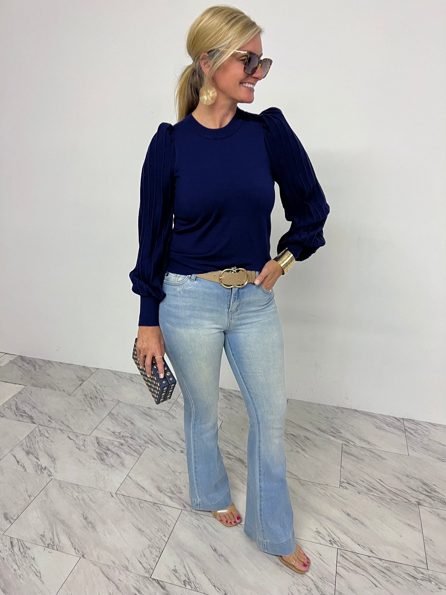 Verona Pleat Sleeve Sweater (Navy)