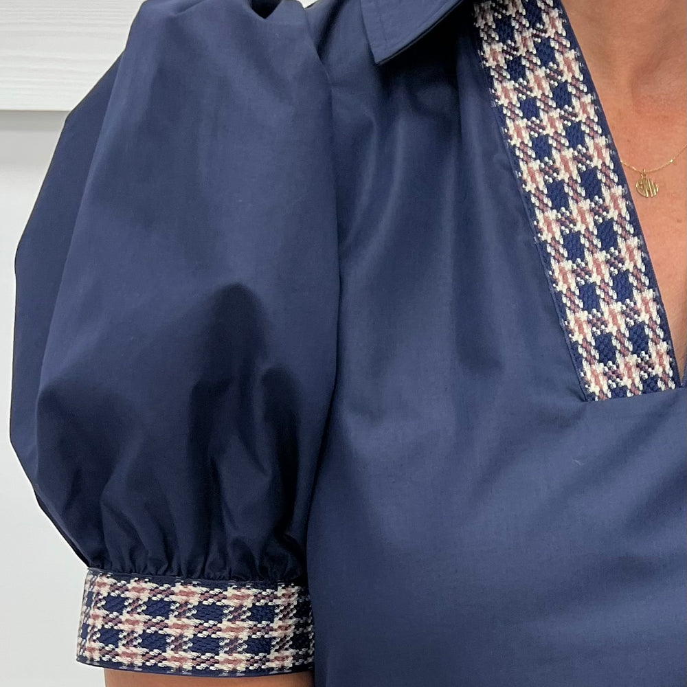 Everly Navy Plaid Detail Top