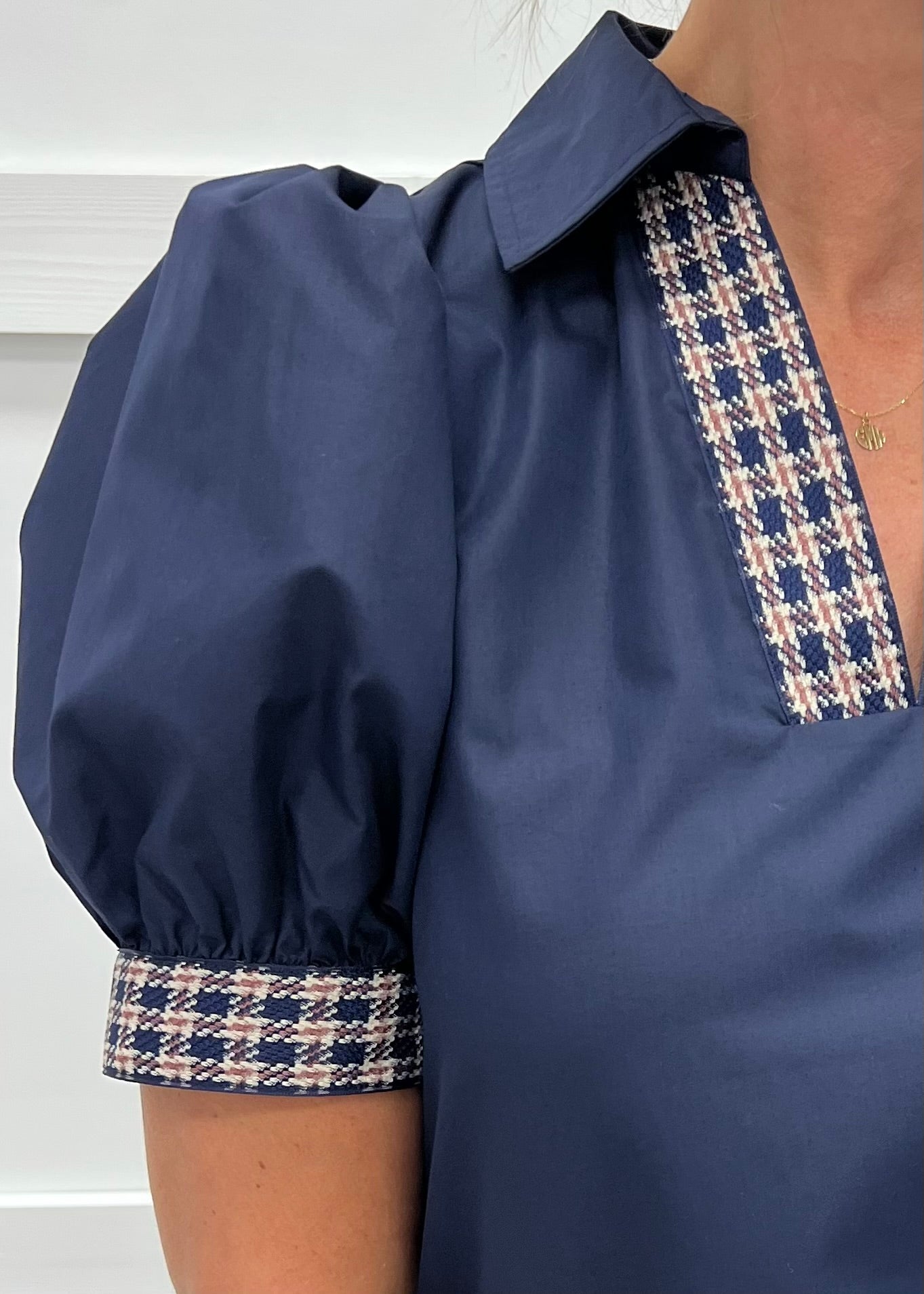 Everly Navy Plaid Detail Top