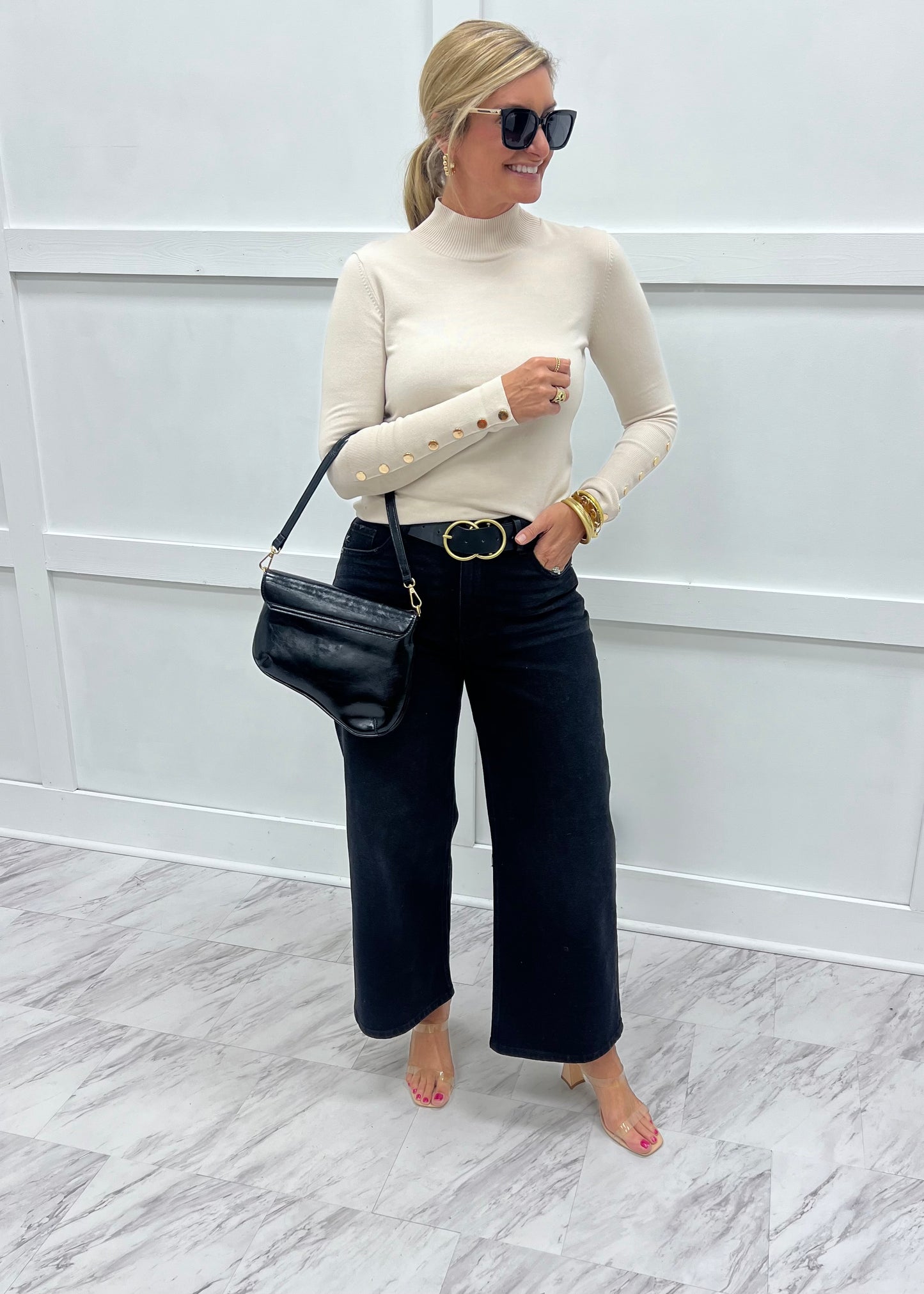 Veronica Beige + Button Sleeve Top