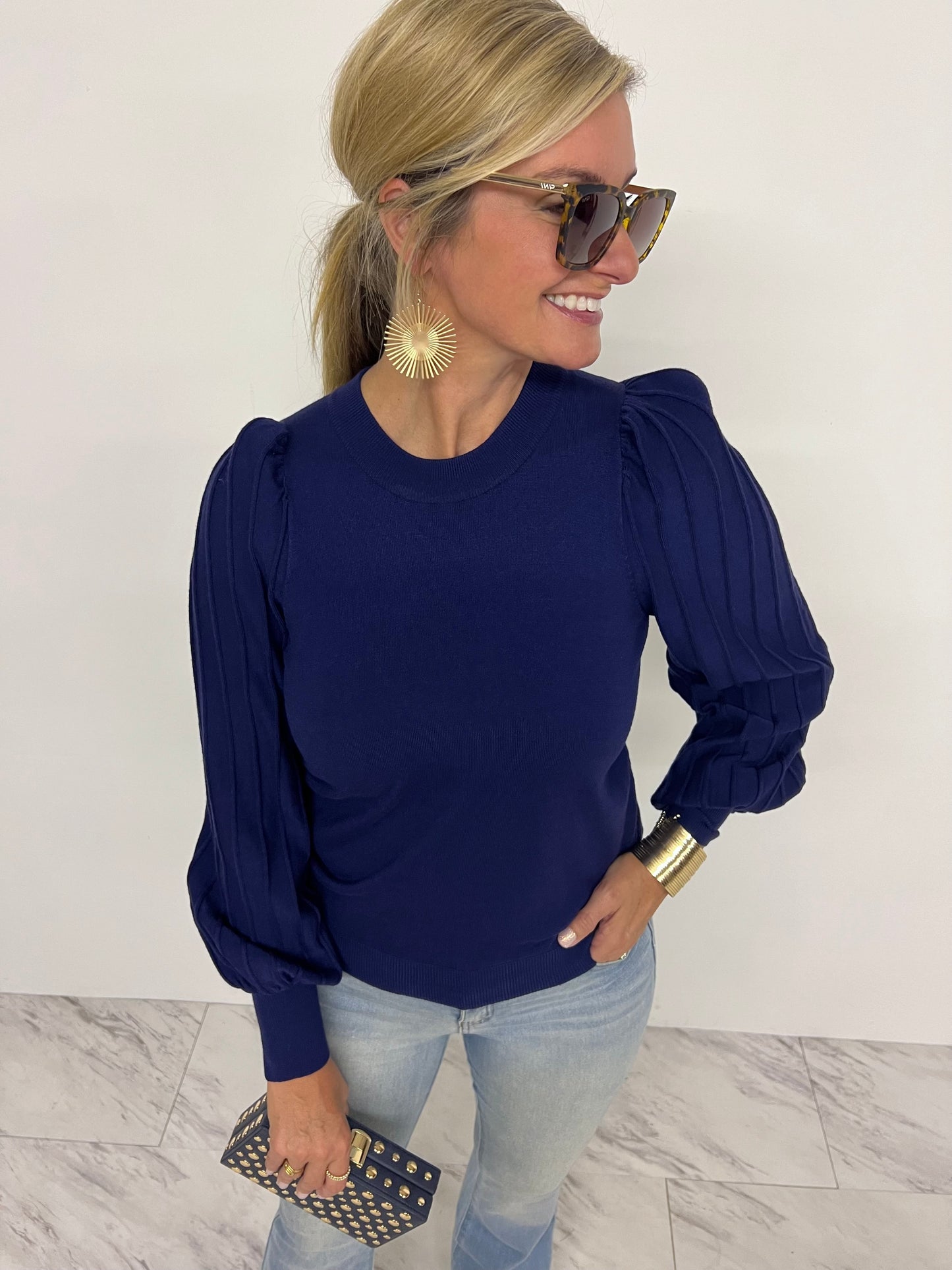 Verona Pleat Sleeve Sweater (Navy)