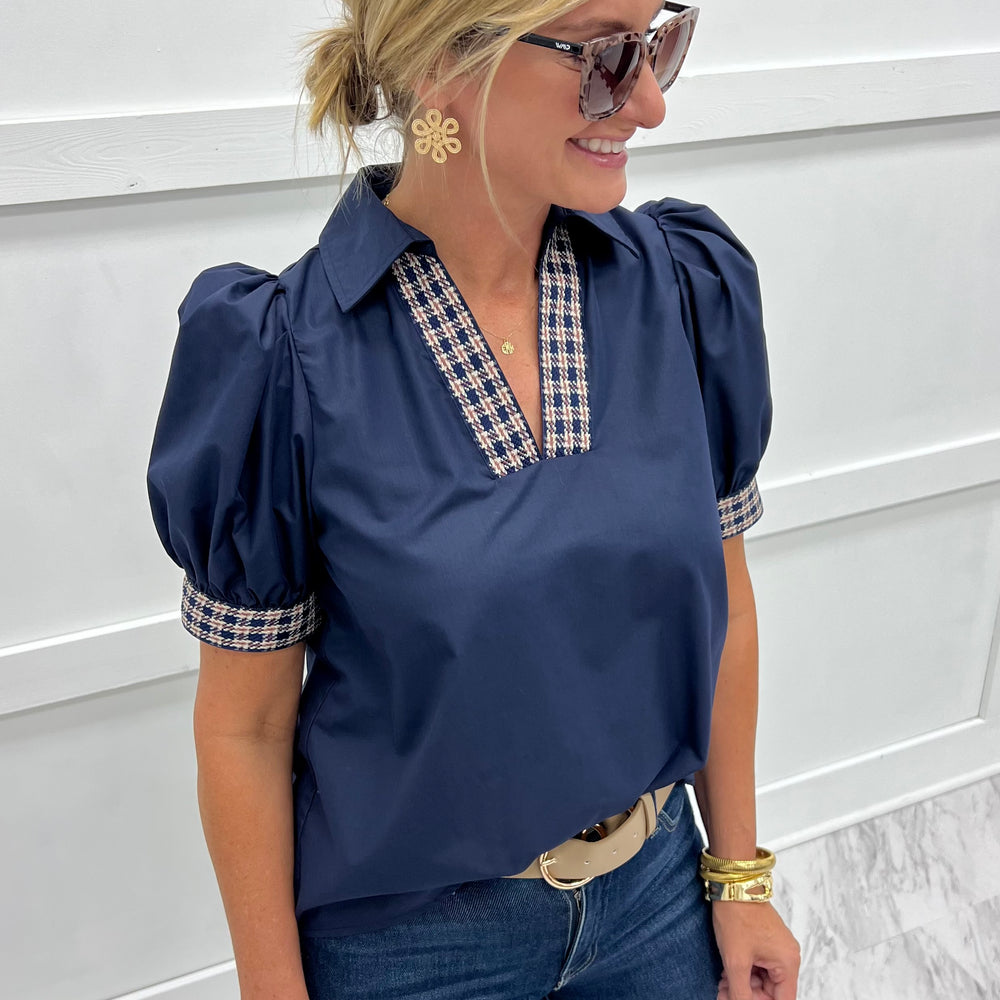 Everly Navy Plaid Detail Top