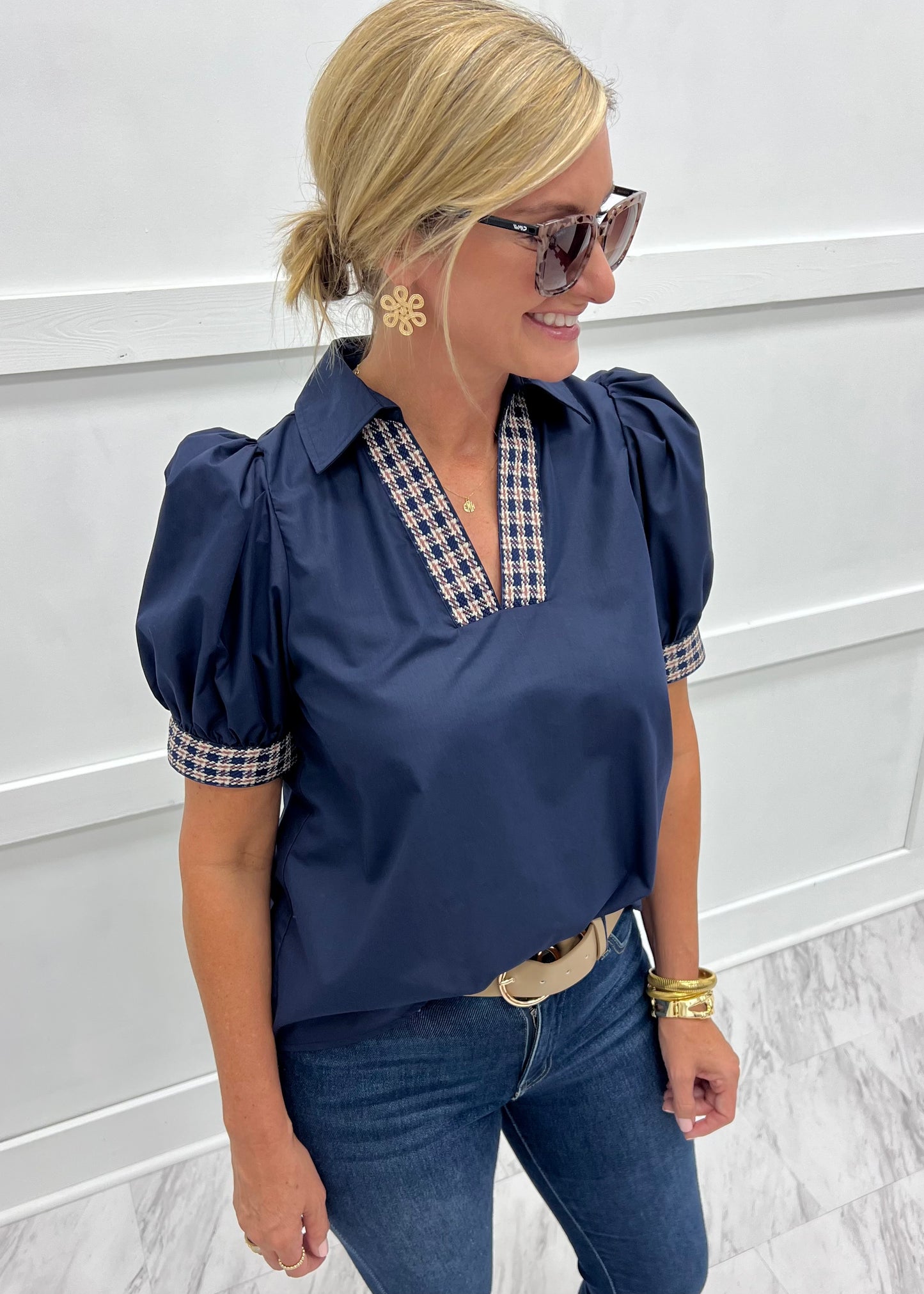 Everly Navy Plaid Detail Top