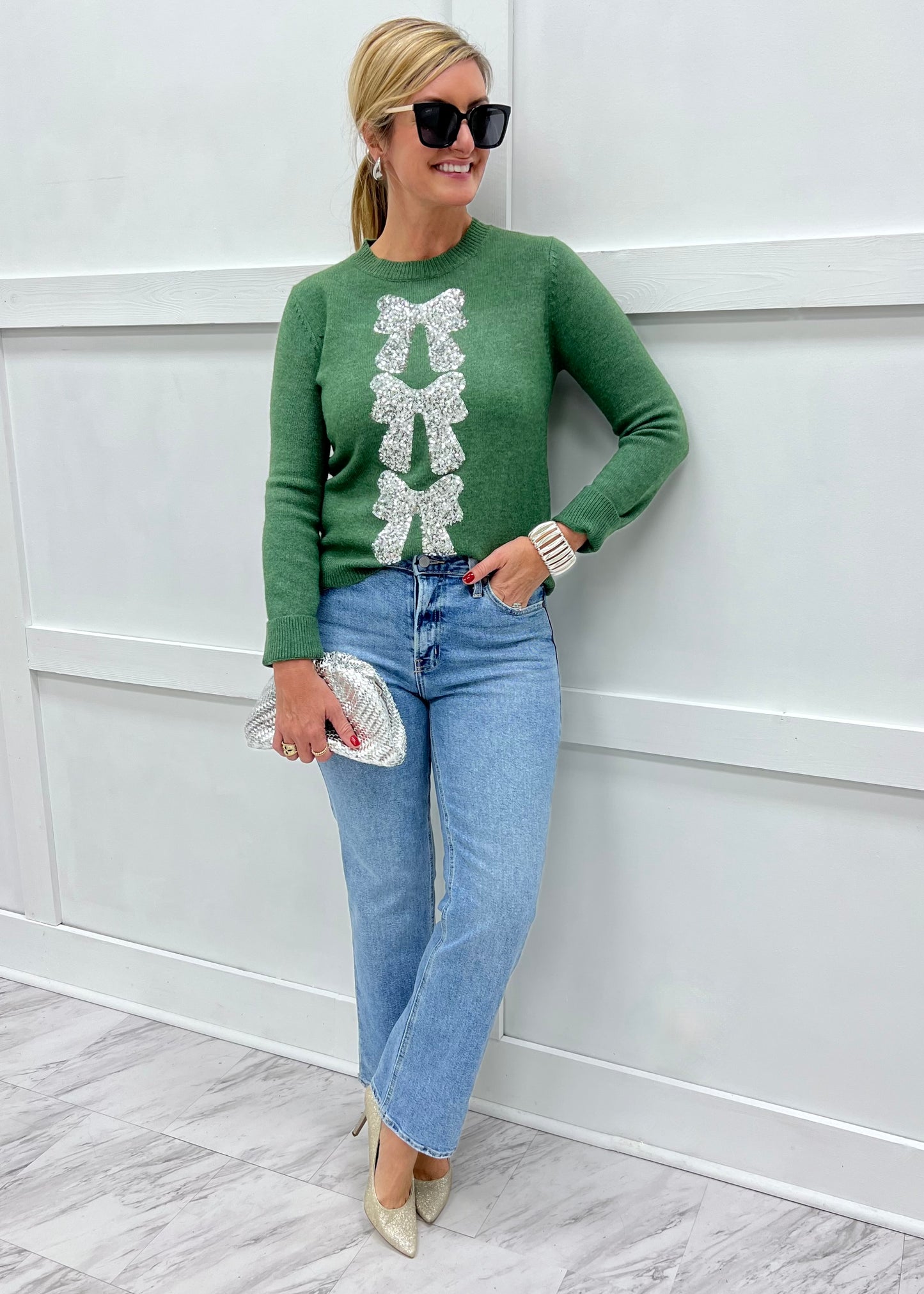 Season To Shine Bow Sweater (Green)