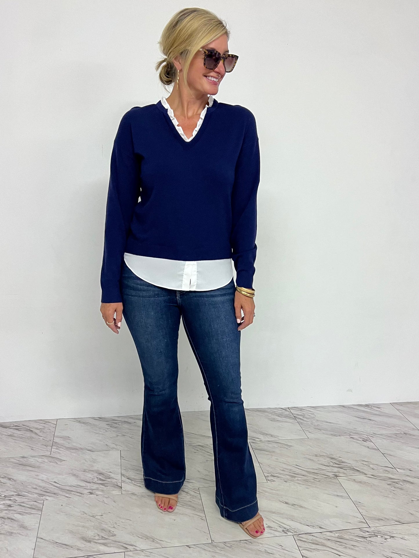 Evelyn Navy Blue Shirt + Sweater Top - FINAL SALE