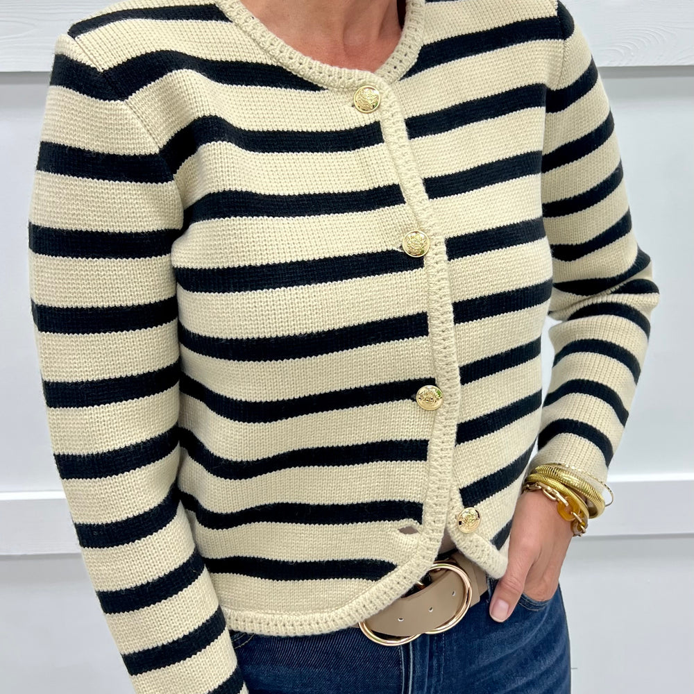 
                  
                    Regent Stripe Cardigan (Black)
                  
                