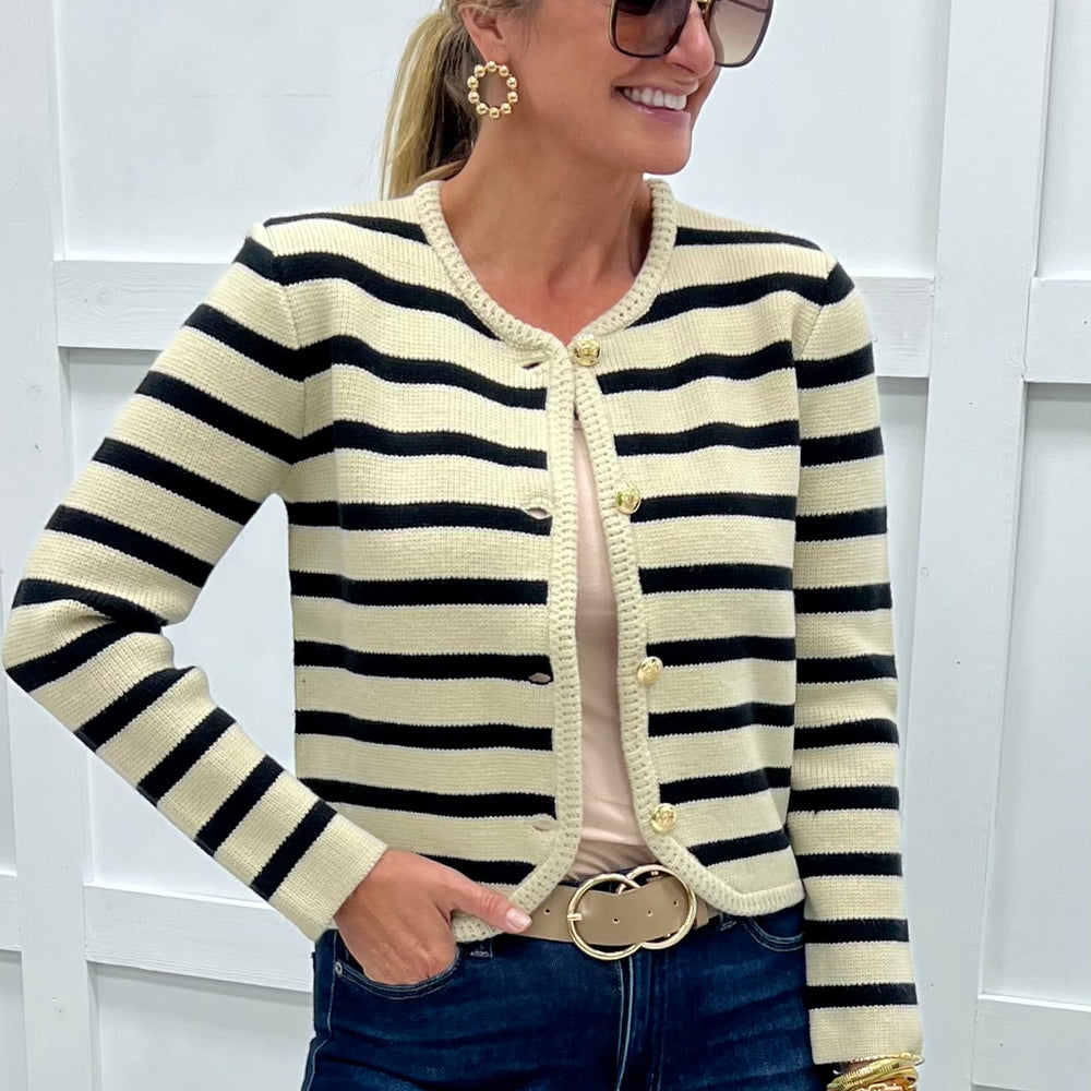 
                  
                    Regent Stripe Cardigan (Black)
                  
                