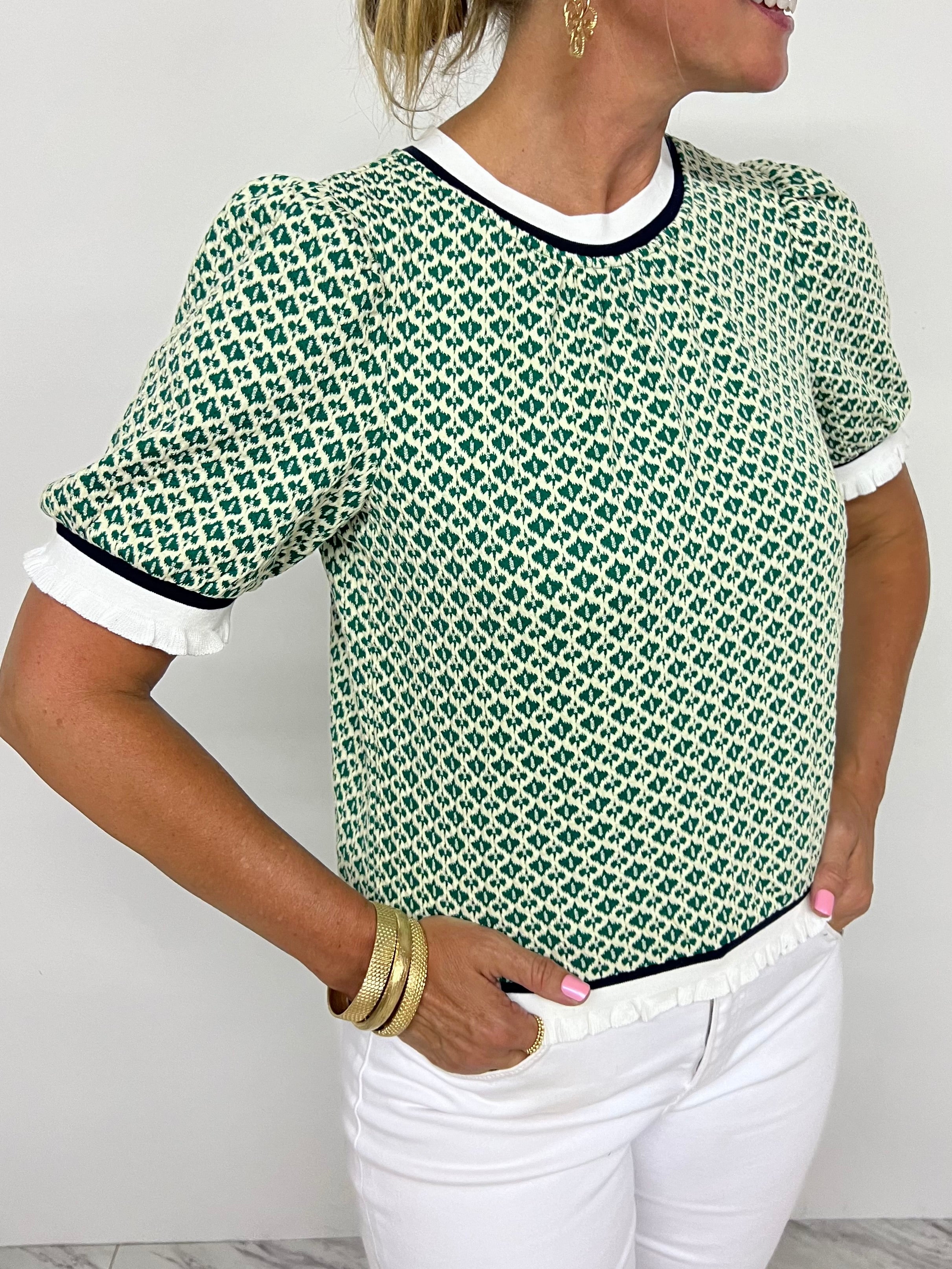 Greta Green Print Short Sleeve Sweater