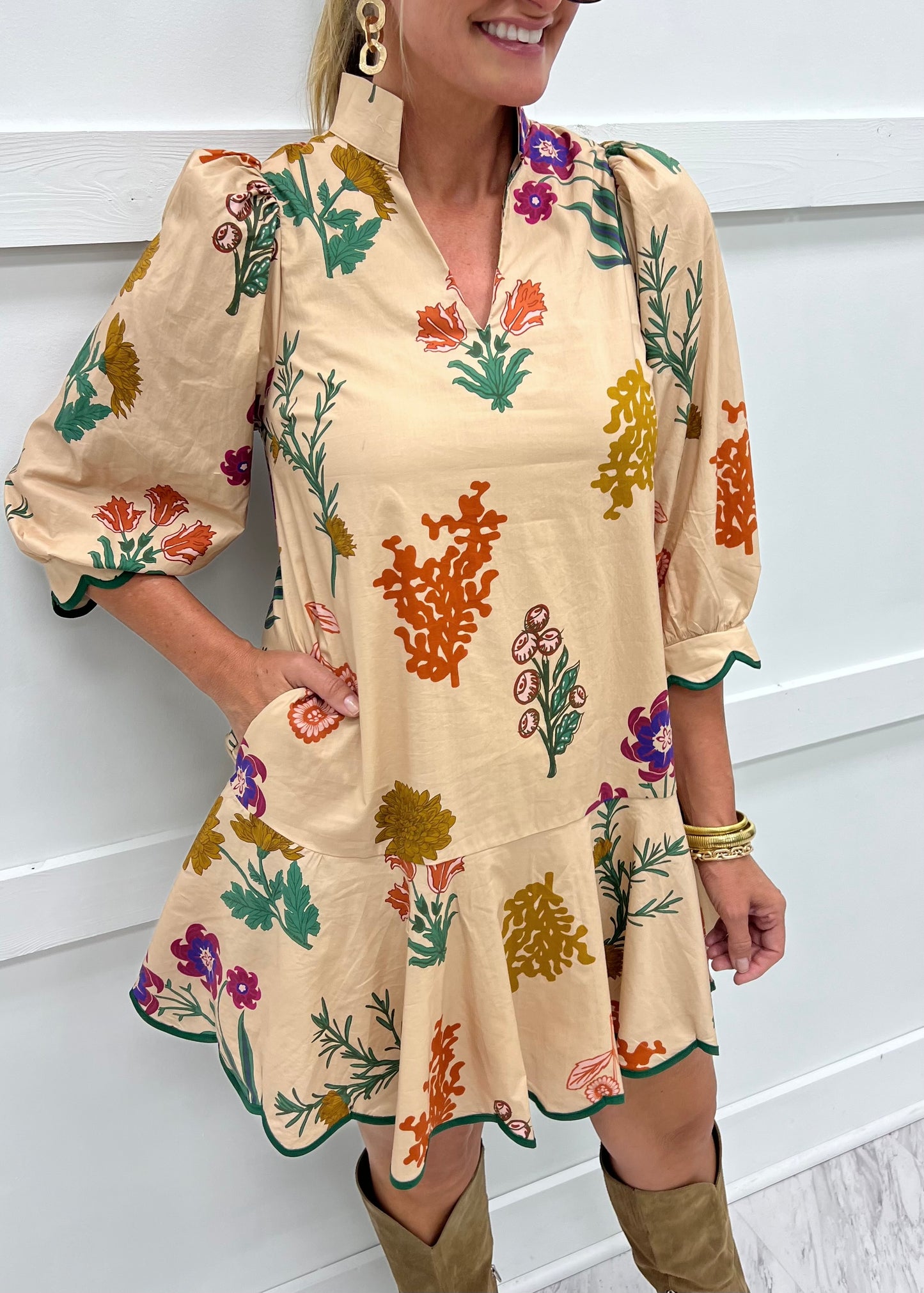 Golden Bloom Scallop Dress