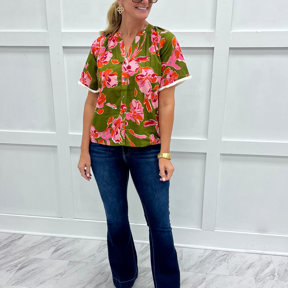August Flower Button Front Top