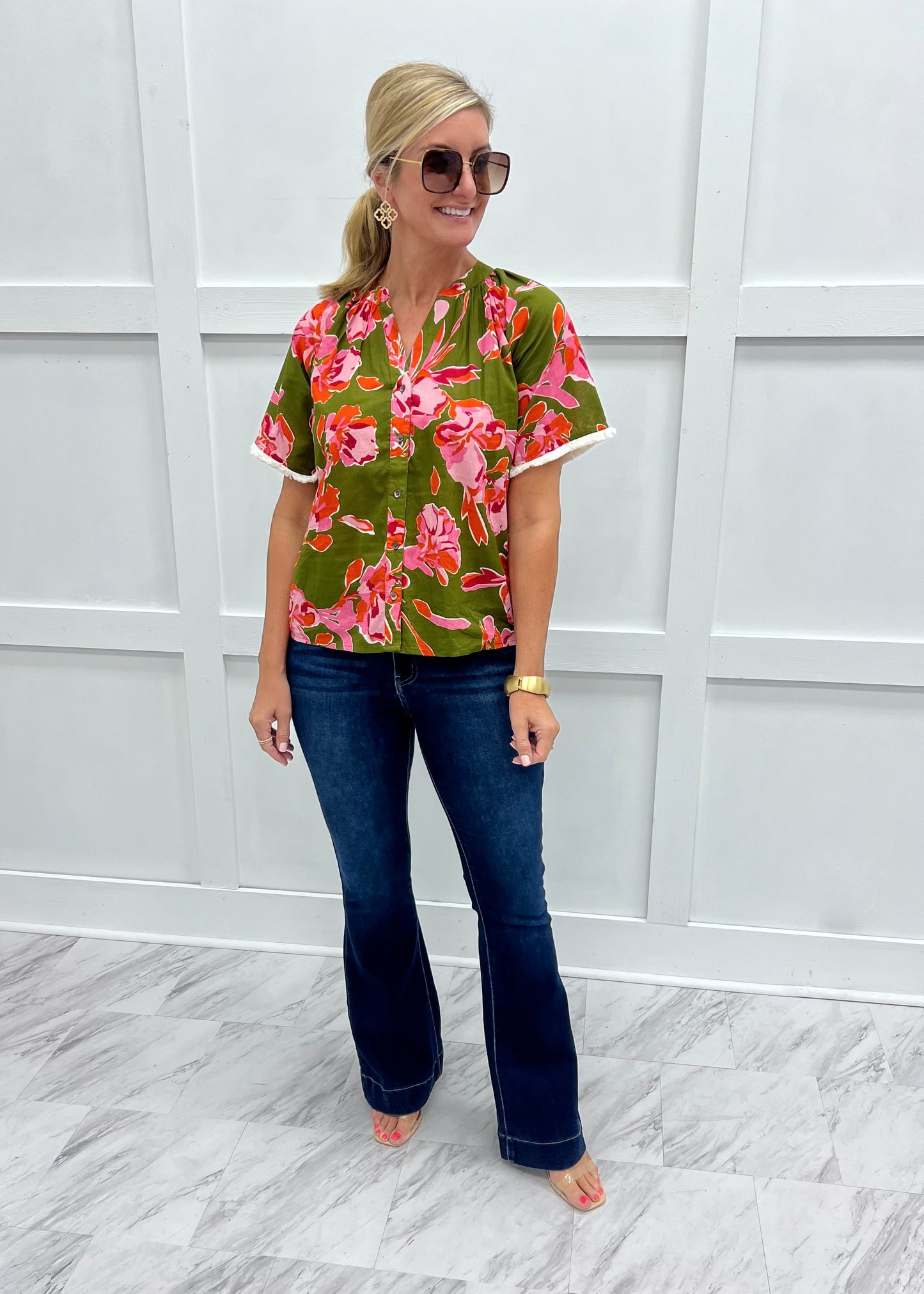 August Flower Button Front Top