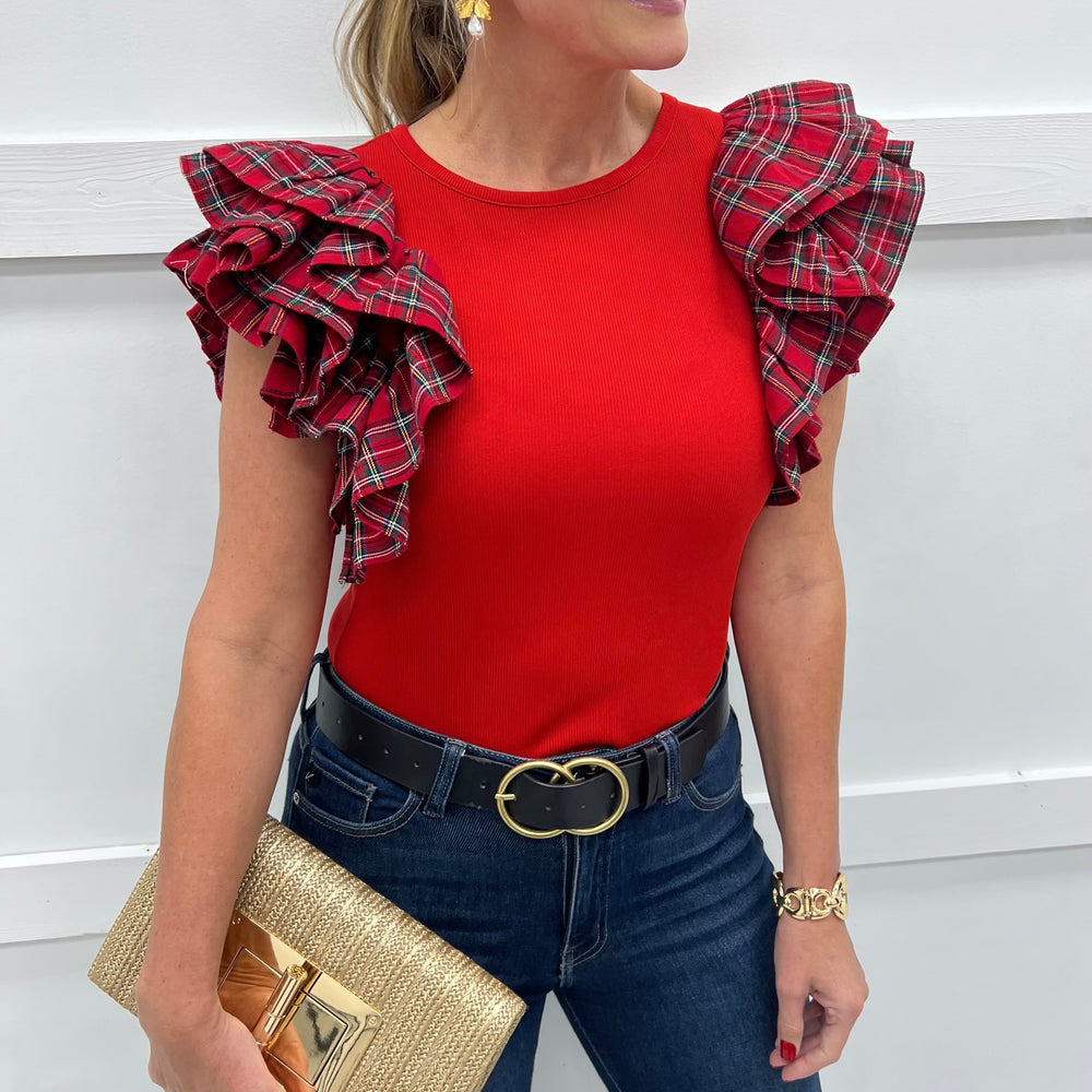 Prancer Plaid Ruffle Top