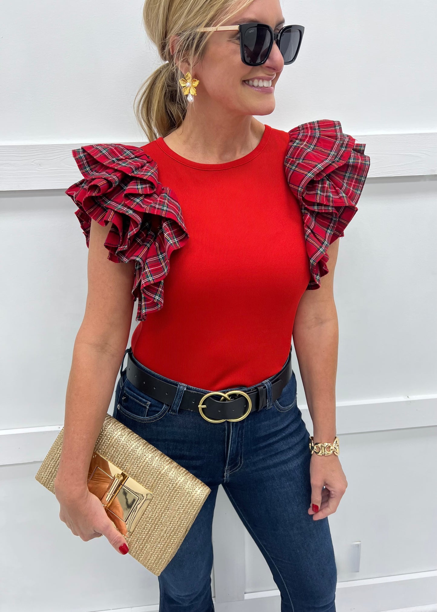 Prancer Plaid Ruffle Top