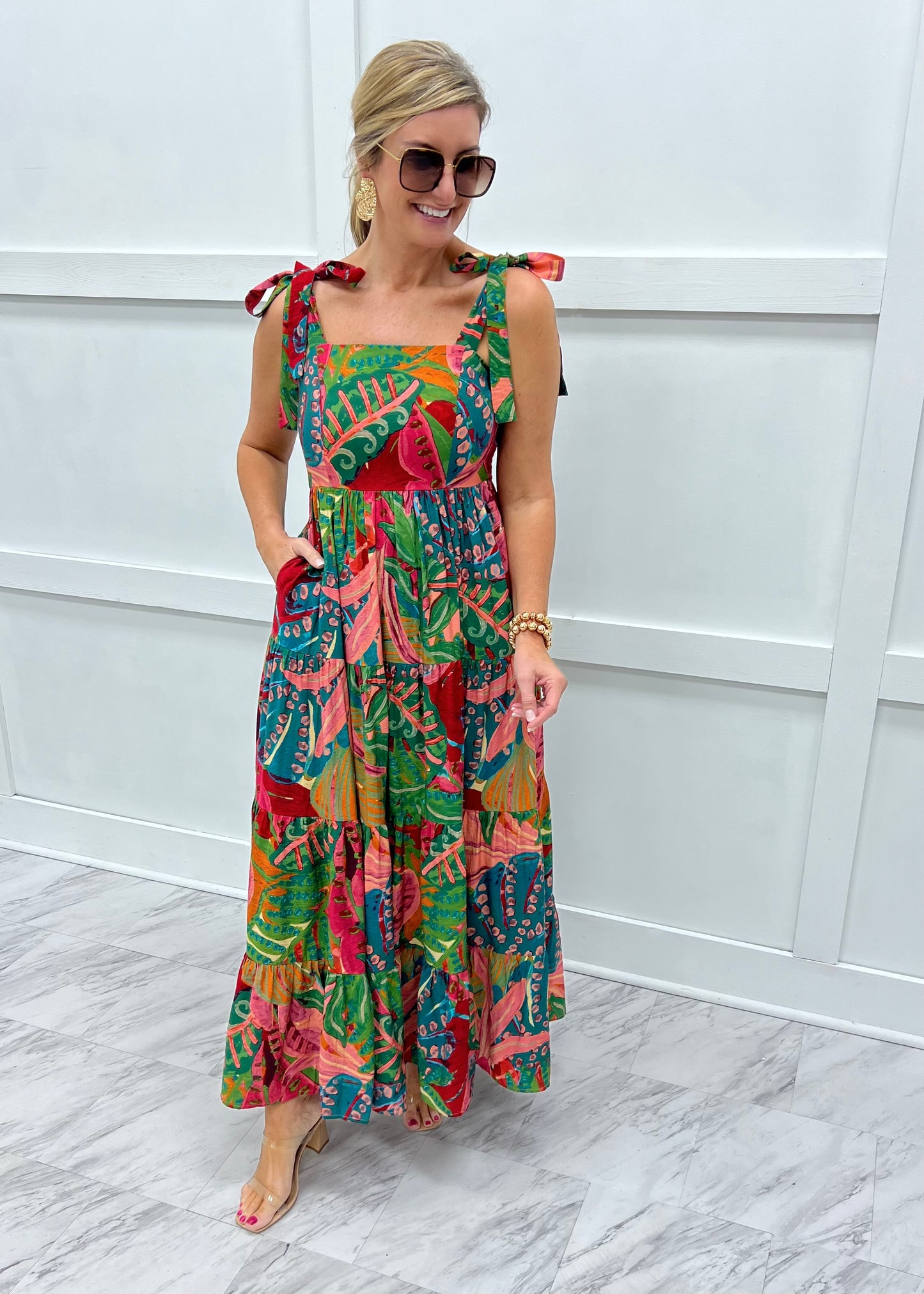 Calypso Print Tie Shoulder Dress