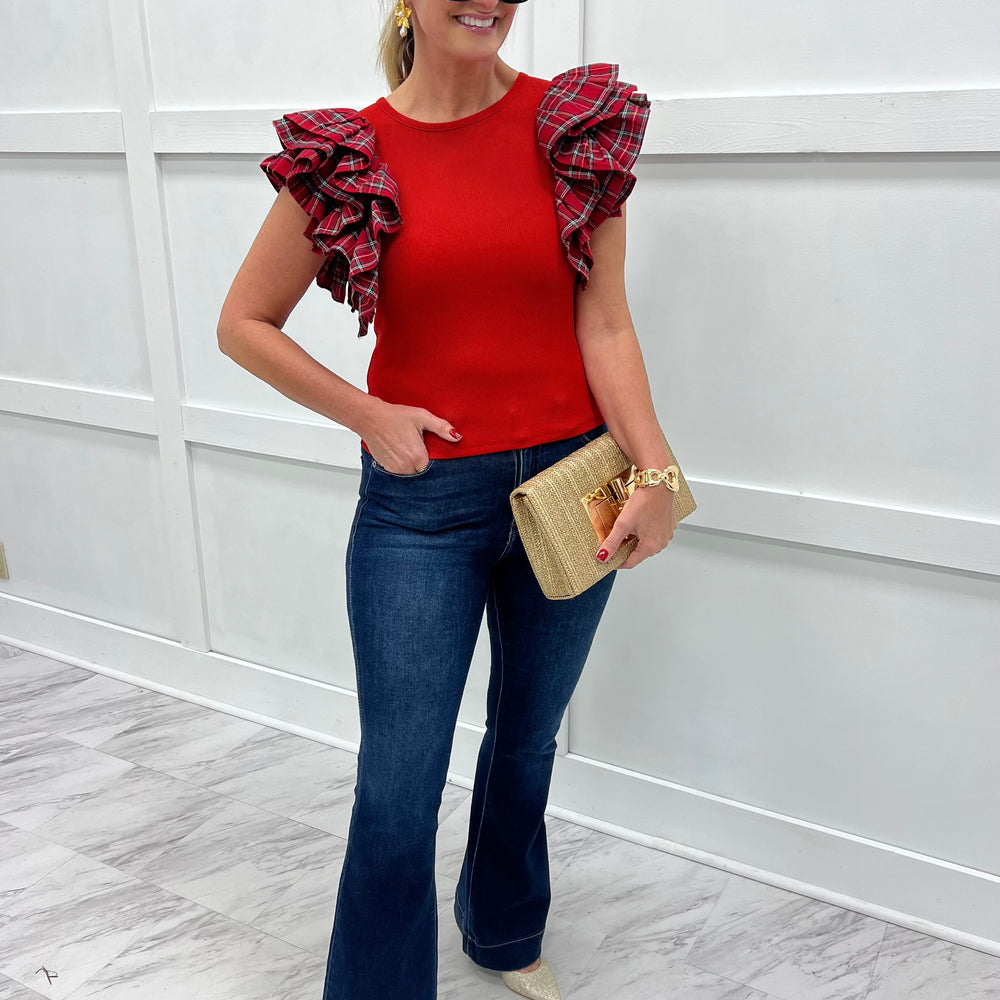 
                  
                    Prancer Plaid Ruffle Top
                  
                