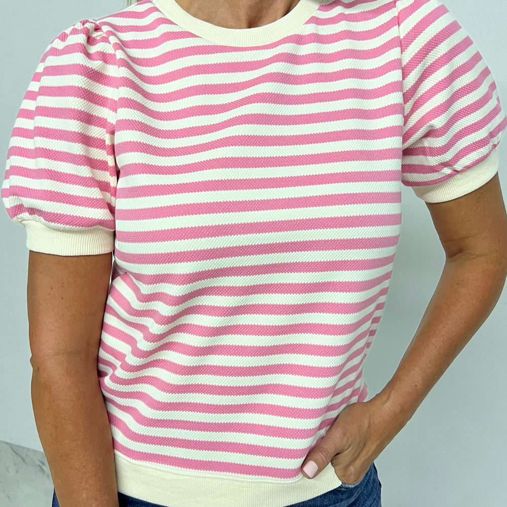 
                  
                    Valle Stripe + Textured Short Sleeve Sweater (Pink)
                  
                